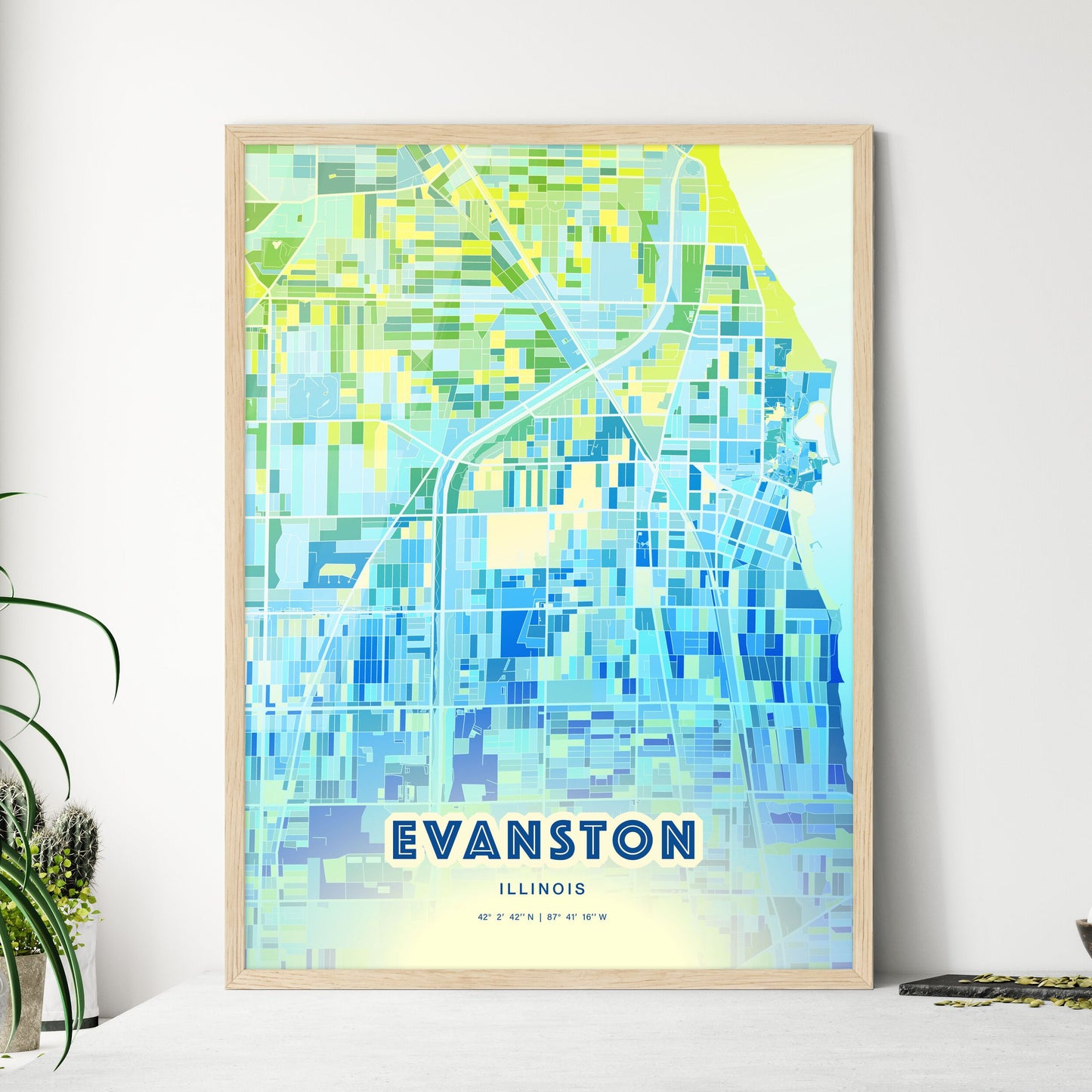 Colorful Evanston Illinois Fine Art Map Cool Blue