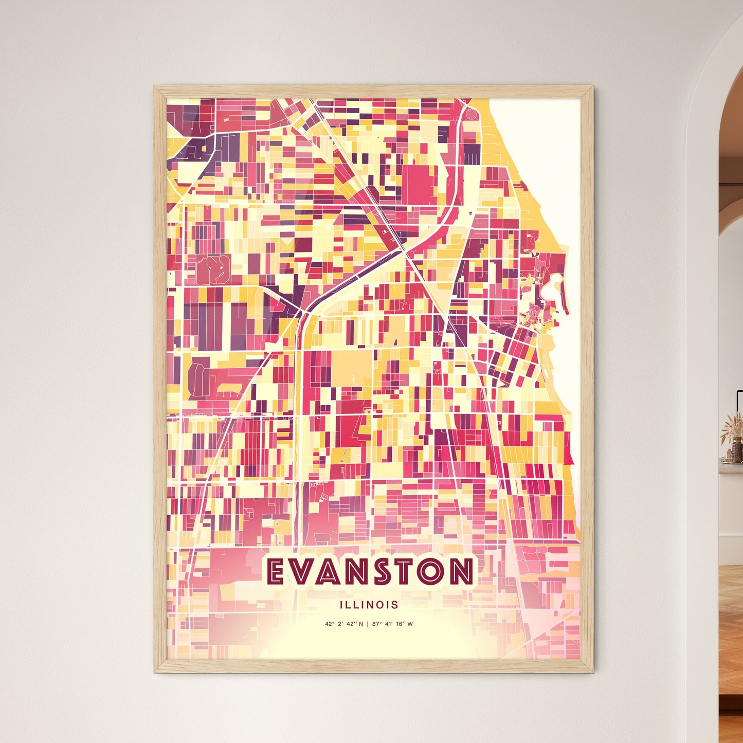 Colorful Evanston Illinois Fine Art Map Hot Red