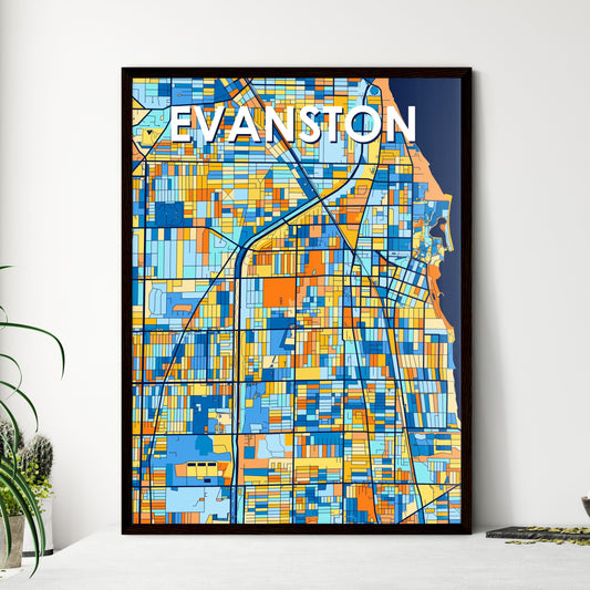 EVANSTON ILLINOIS Vibrant Colorful Art Map Poster Blue Orange