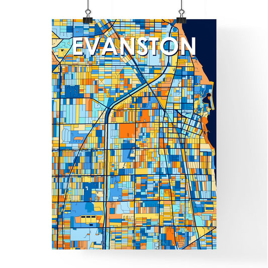 EVANSTON ILLINOIS Vibrant Colorful Art Map Poster Blue Orange