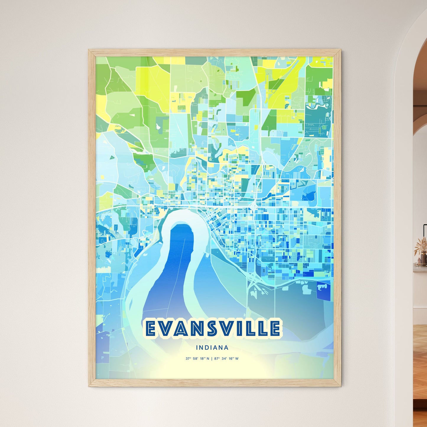 Colorful Evansville Indiana Fine Art Map Cool Blue