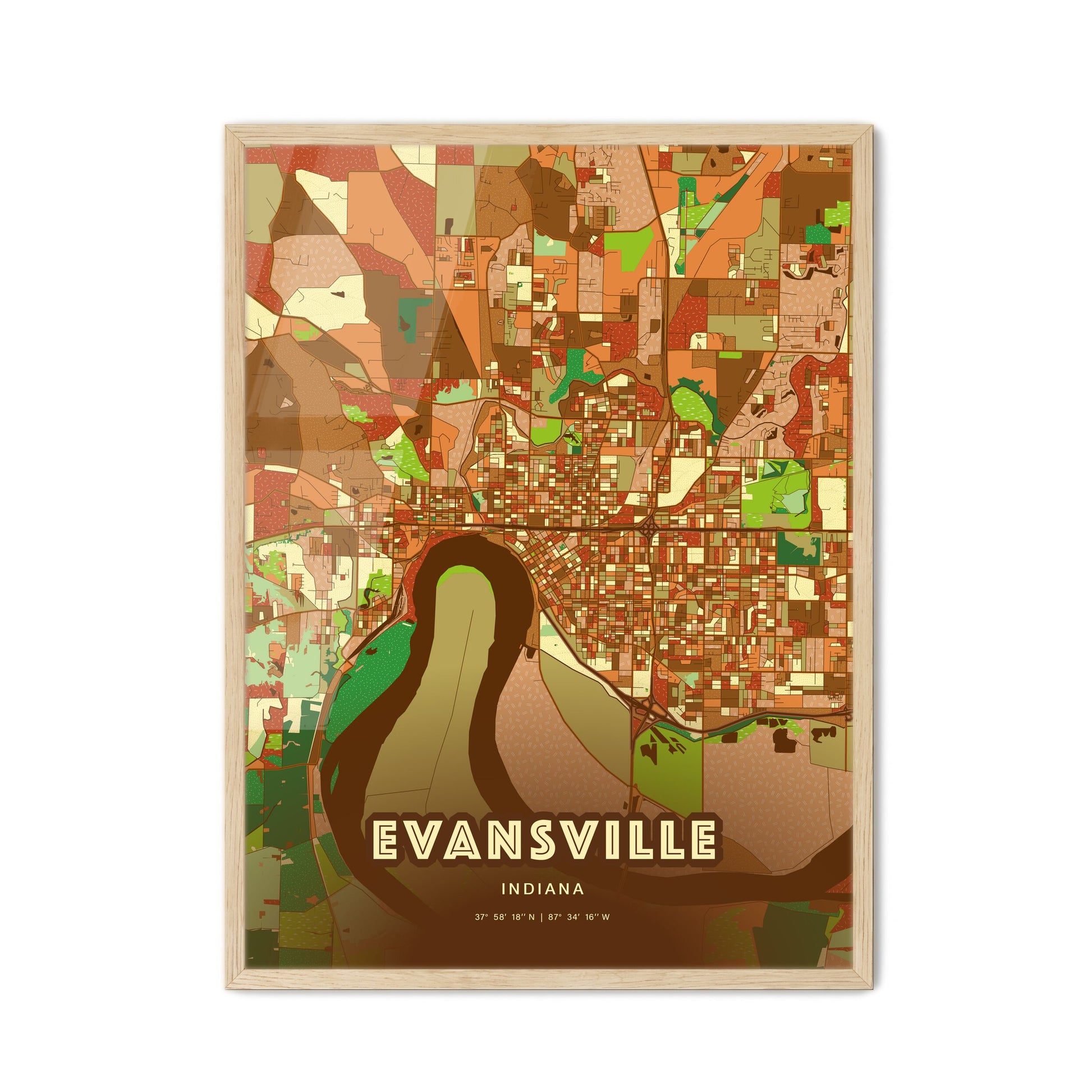 Colorful Evansville Indiana Fine Art Map Farmhouse