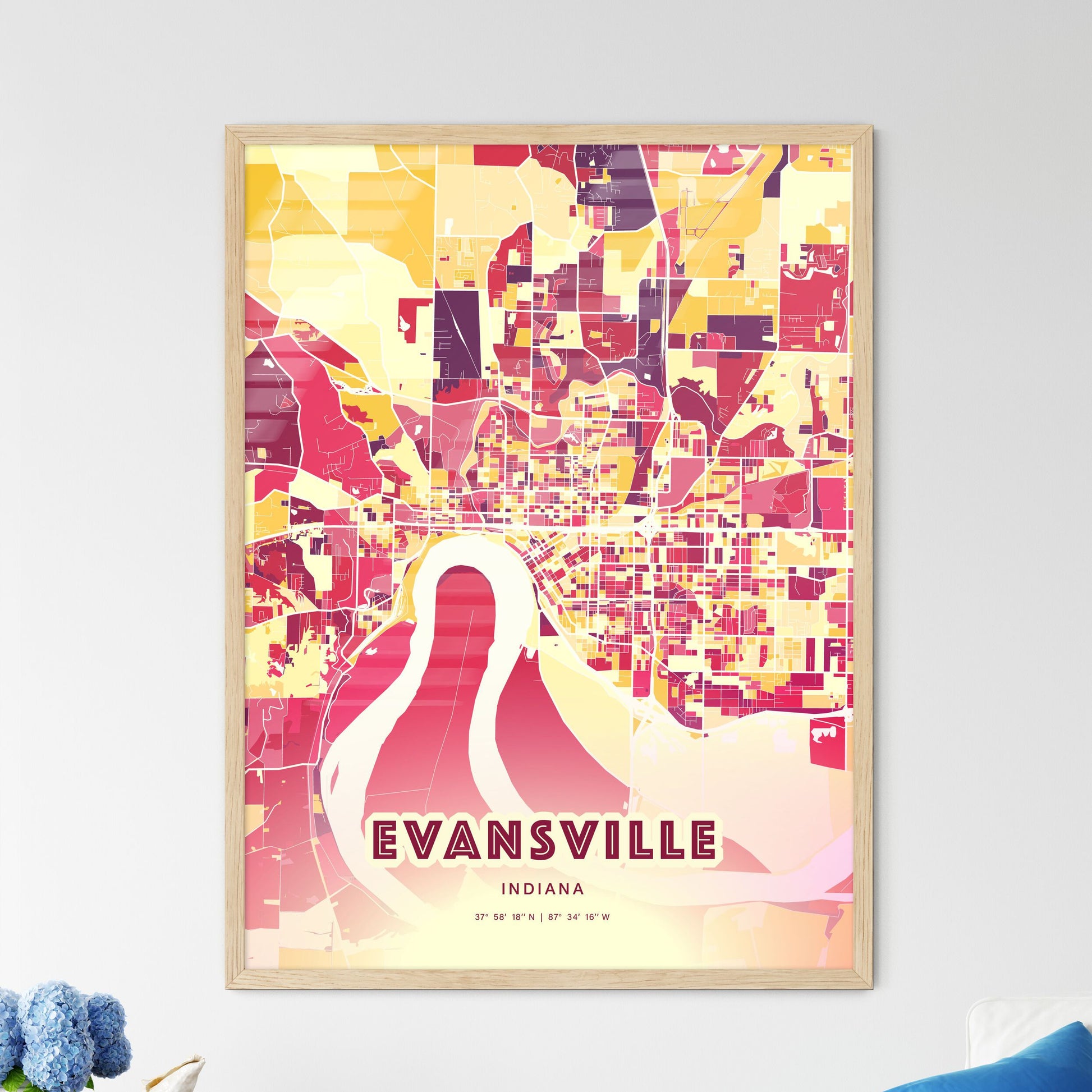 Colorful Evansville Indiana Fine Art Map Hot Red