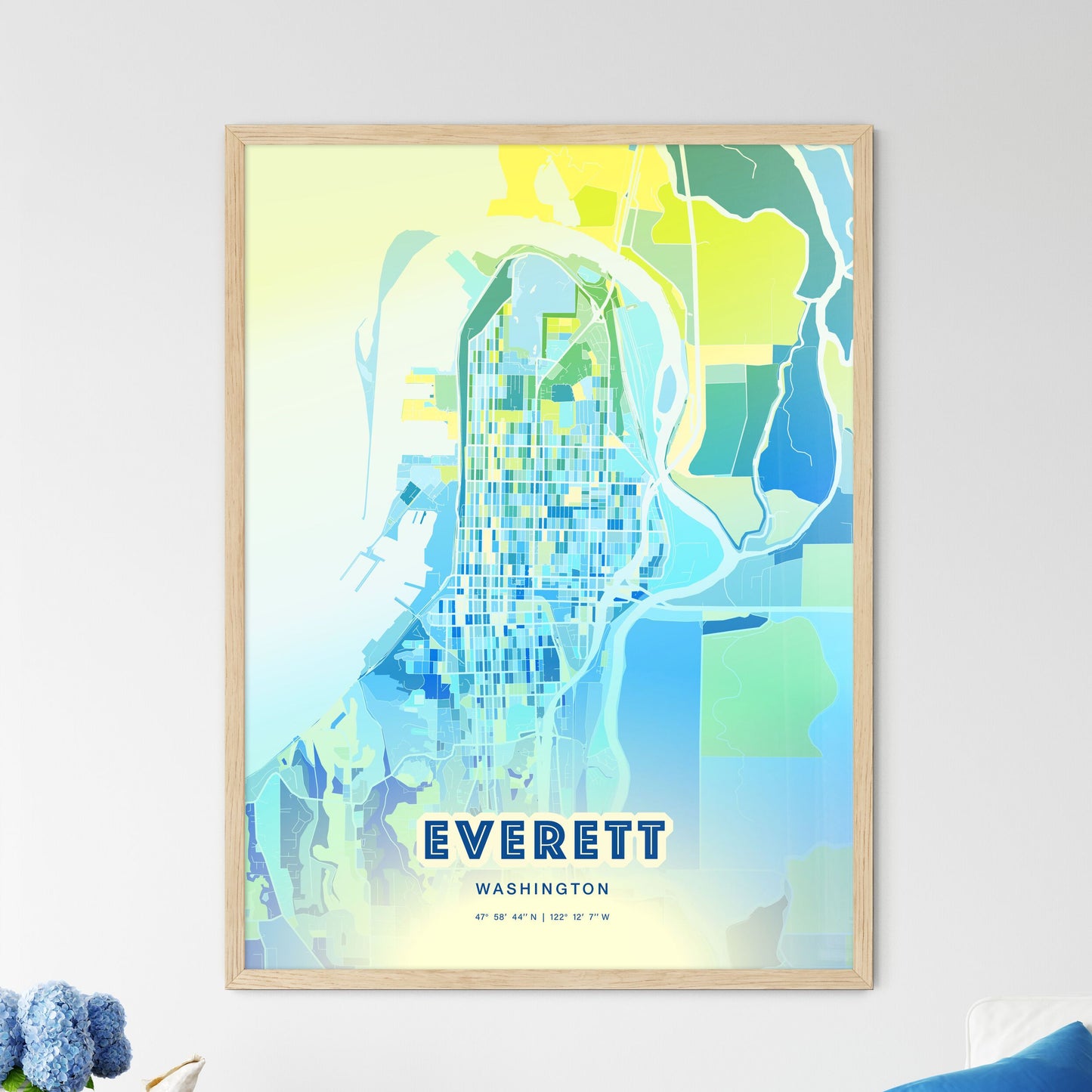 Colorful Everett Washington Fine Art Map Cool Blue