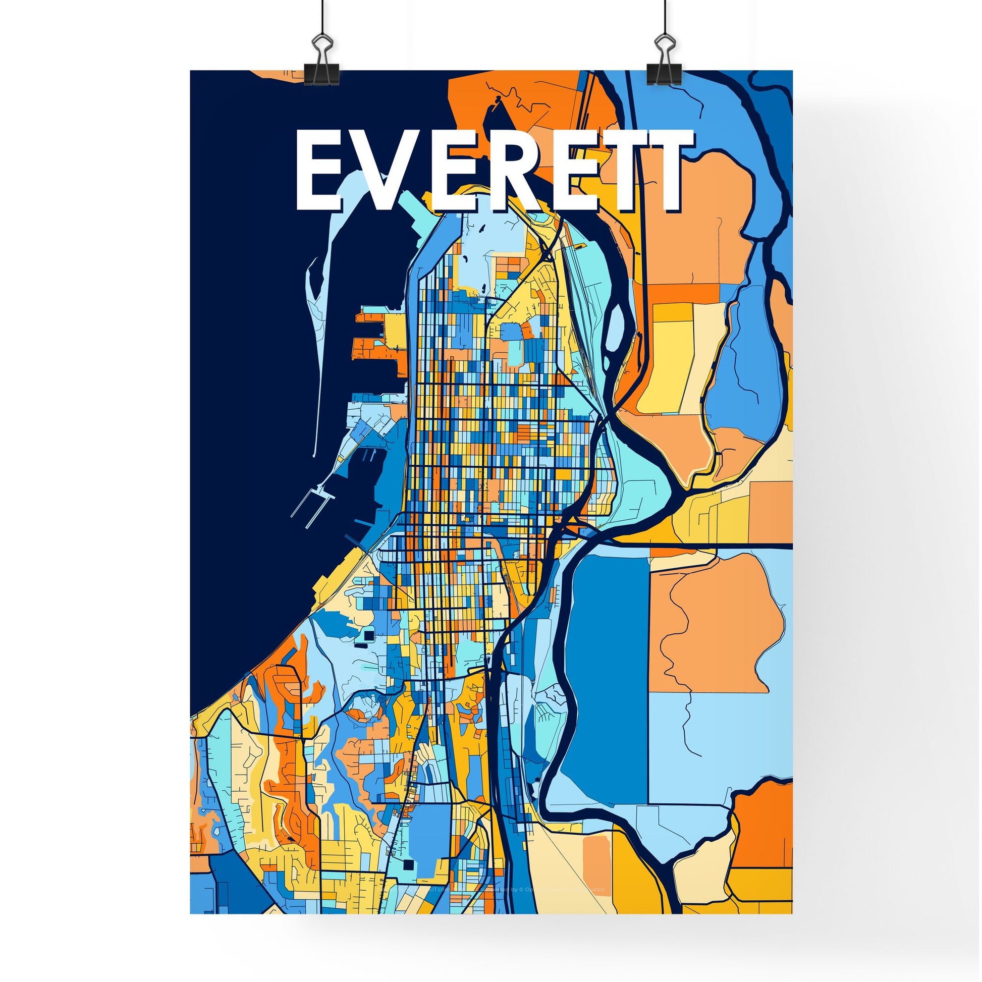 EVERETT WASHINGTON Vibrant Colorful Art Map Poster Blue Orange