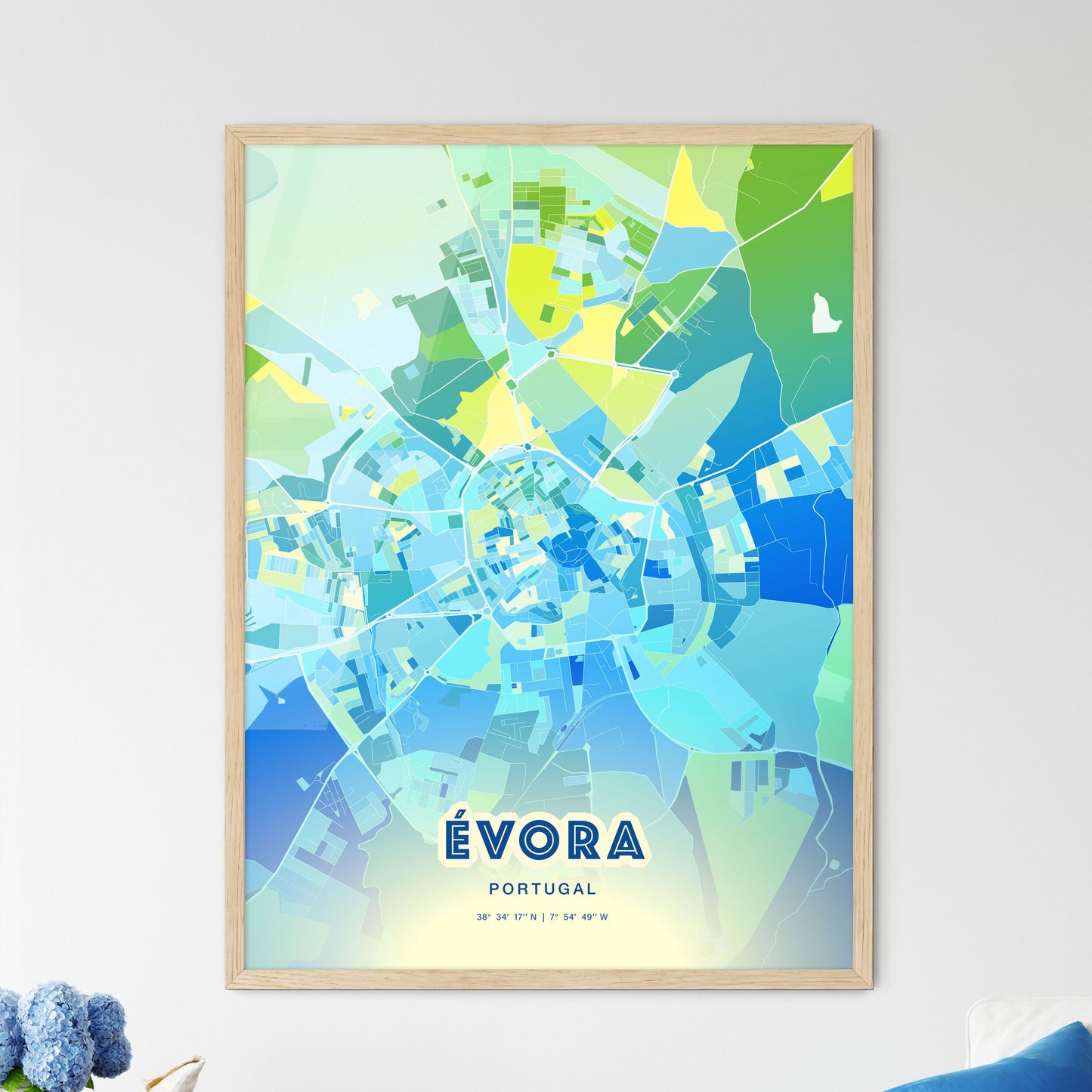Colorful Évora Portugal Fine Art Map Cool Blue