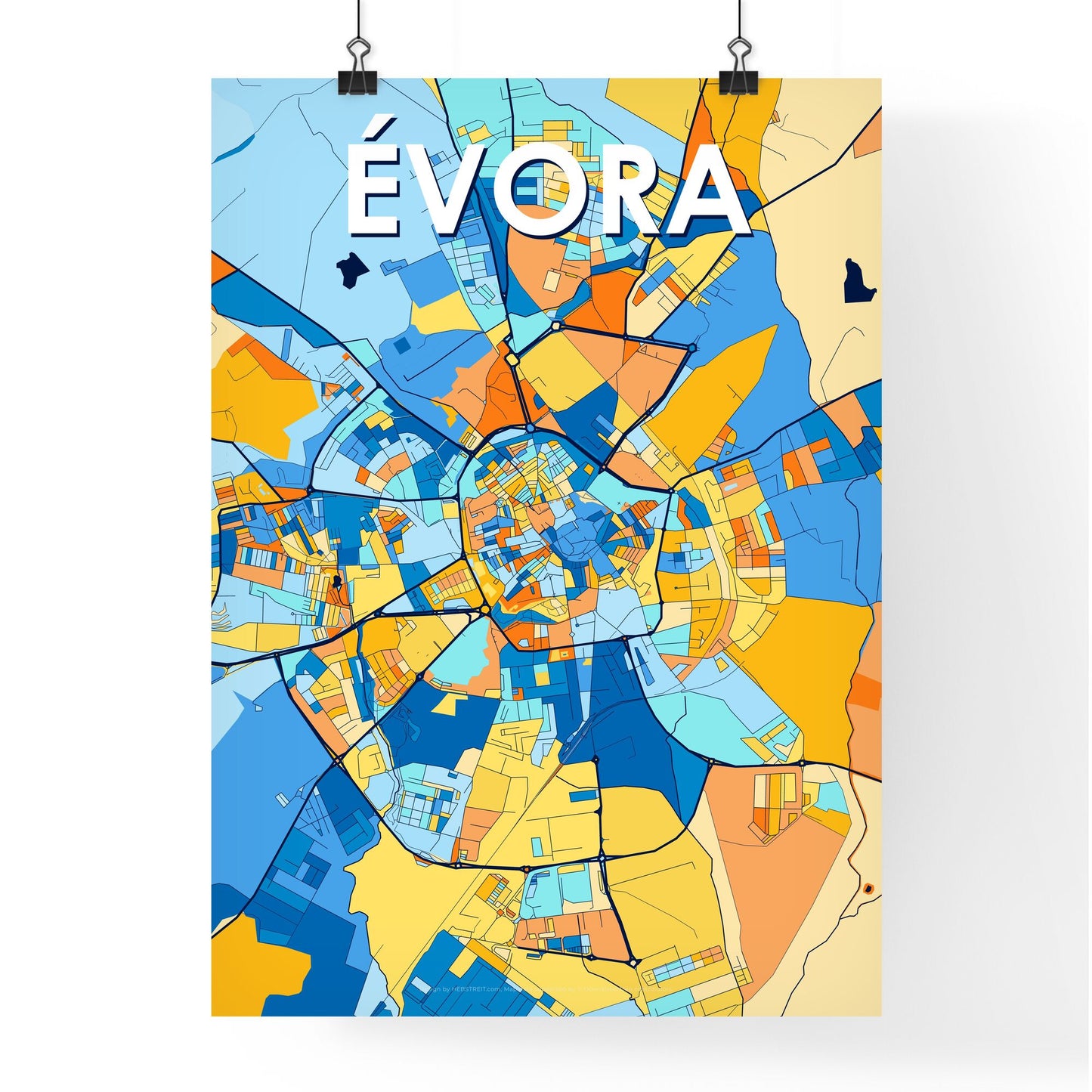 ÉVORA PORTUGAL Vibrant Colorful Art Map Poster Blue Orange