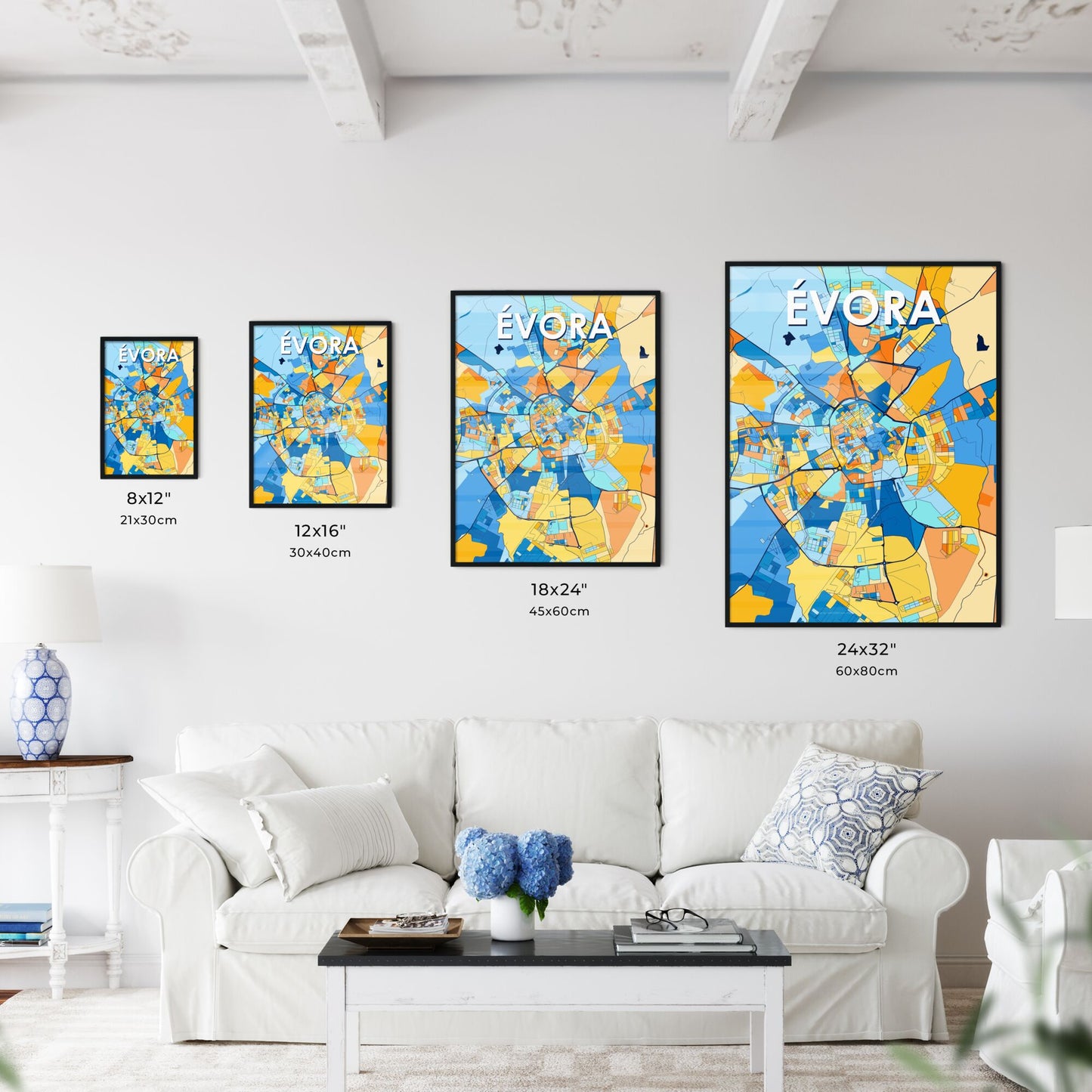 ÉVORA PORTUGAL Vibrant Colorful Art Map Poster Blue Orange