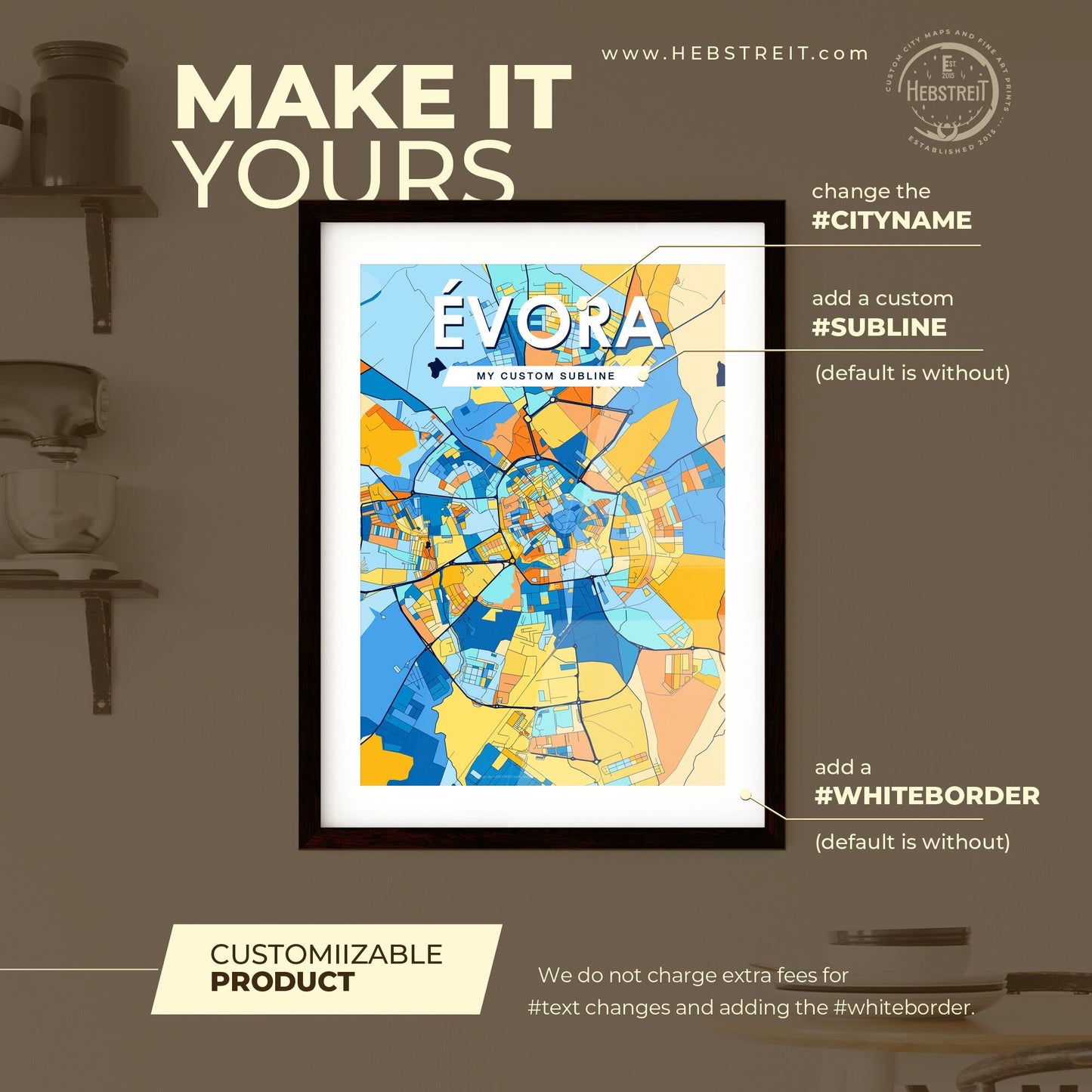 ÉVORA PORTUGAL Vibrant Colorful Art Map Poster Blue Orange