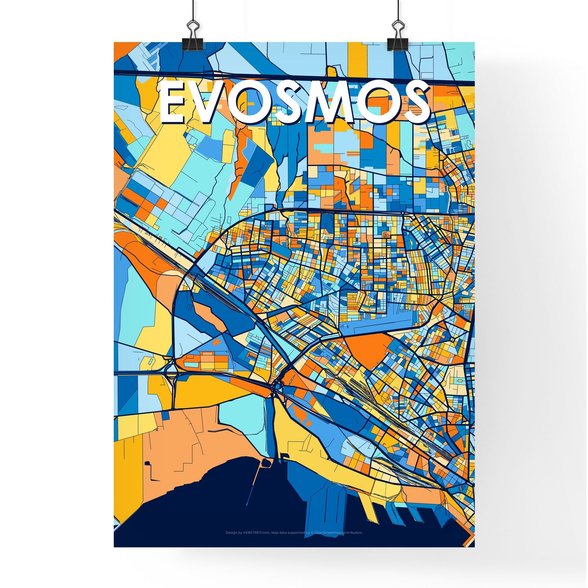 EVOSMOS GREECE Vibrant Colorful Art Map Poster Blue Orange