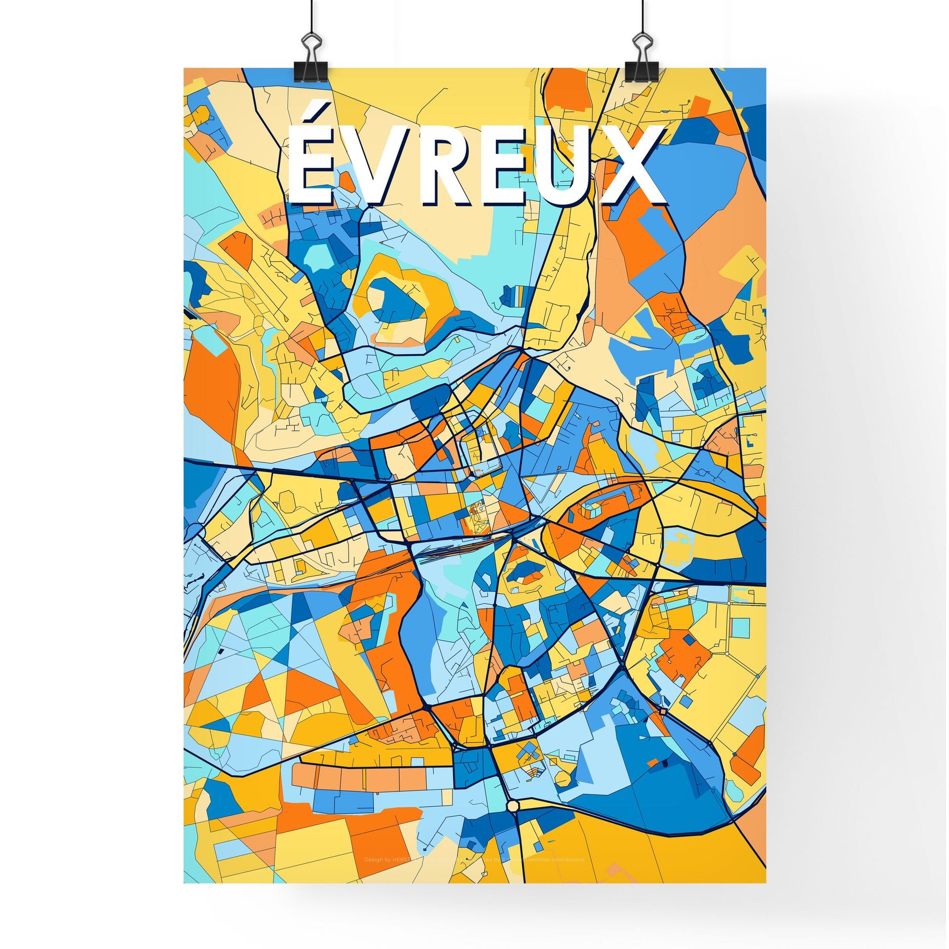 ÉVREUX FRANCE Vibrant Colorful Art Map Poster Blue Orange