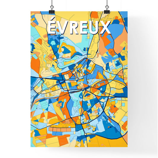 ÉVREUX FRANCE Vibrant Colorful Art Map Poster Blue Orange