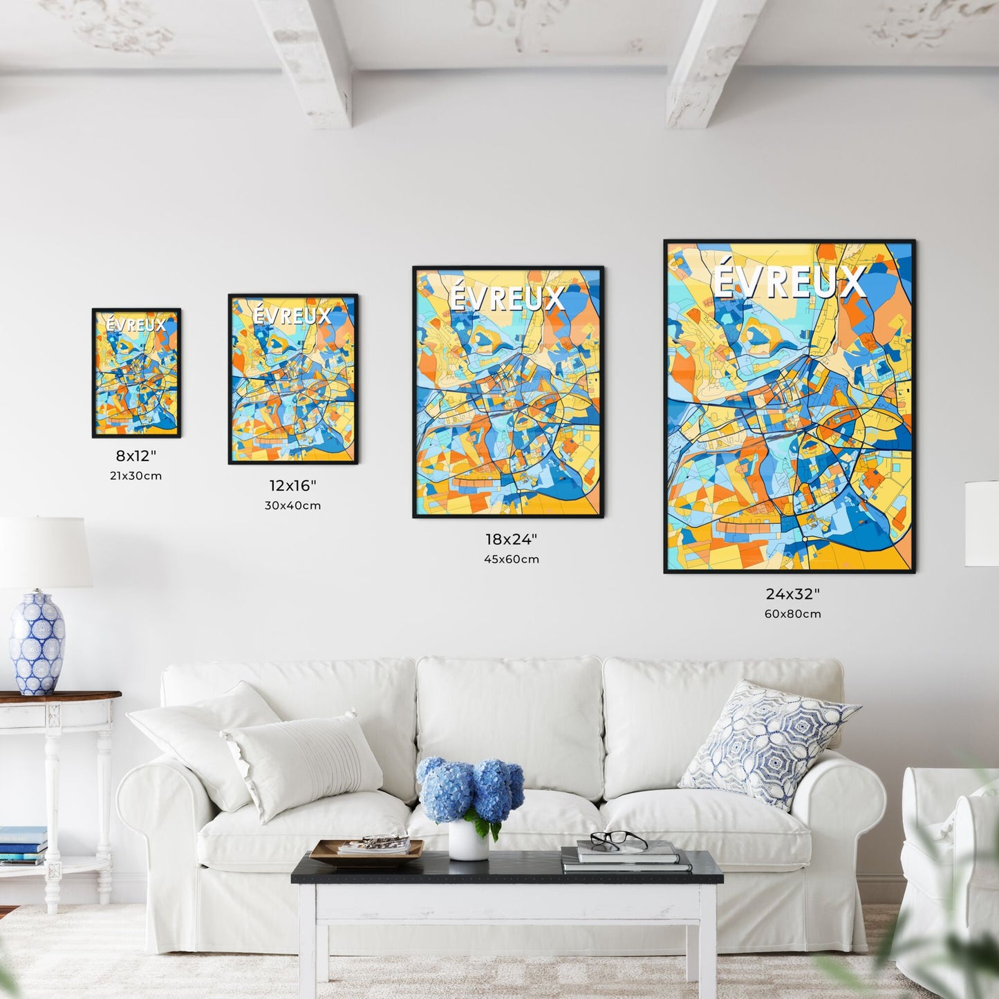 ÉVREUX FRANCE Vibrant Colorful Art Map Poster Blue Orange