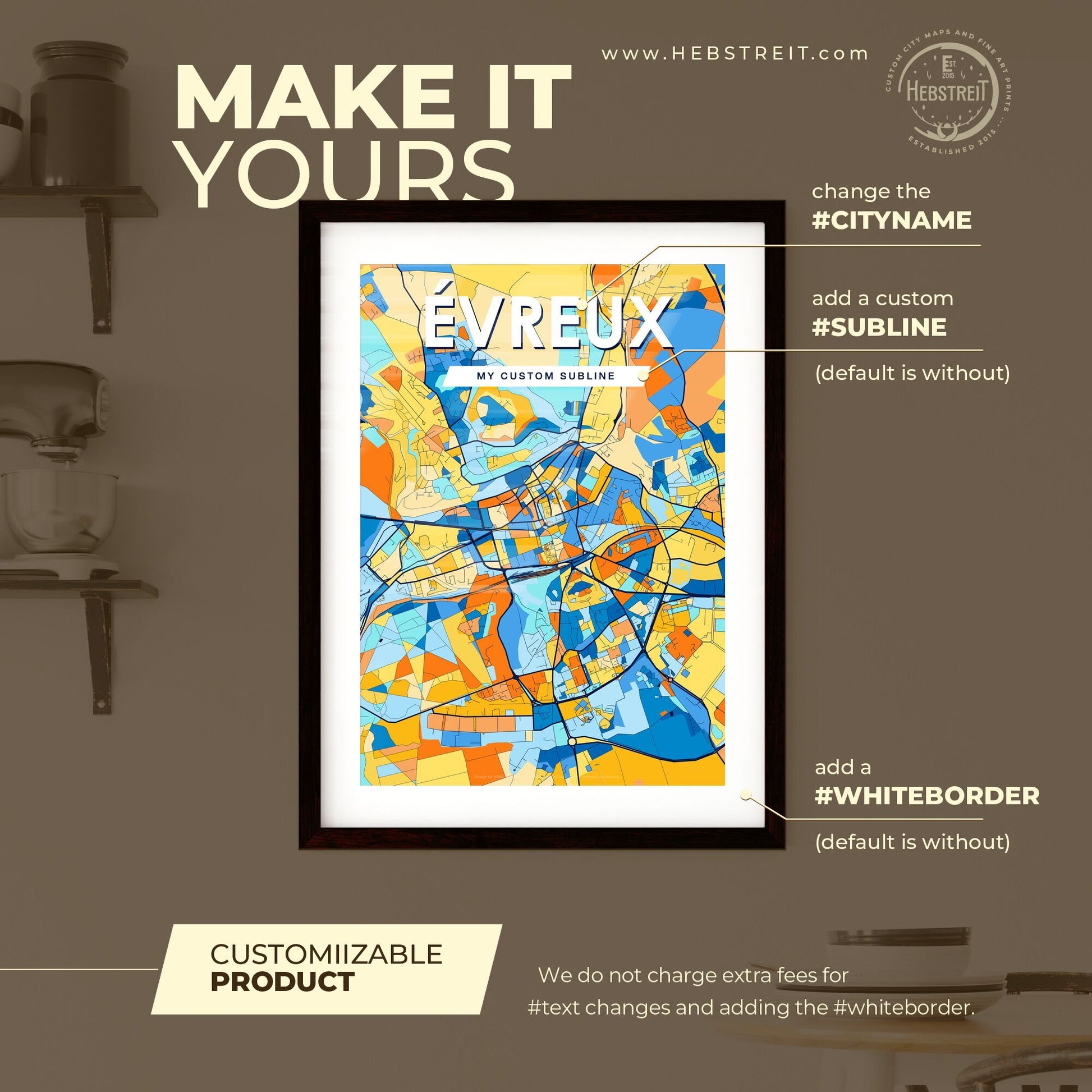 ÉVREUX FRANCE Vibrant Colorful Art Map Poster Blue Orange