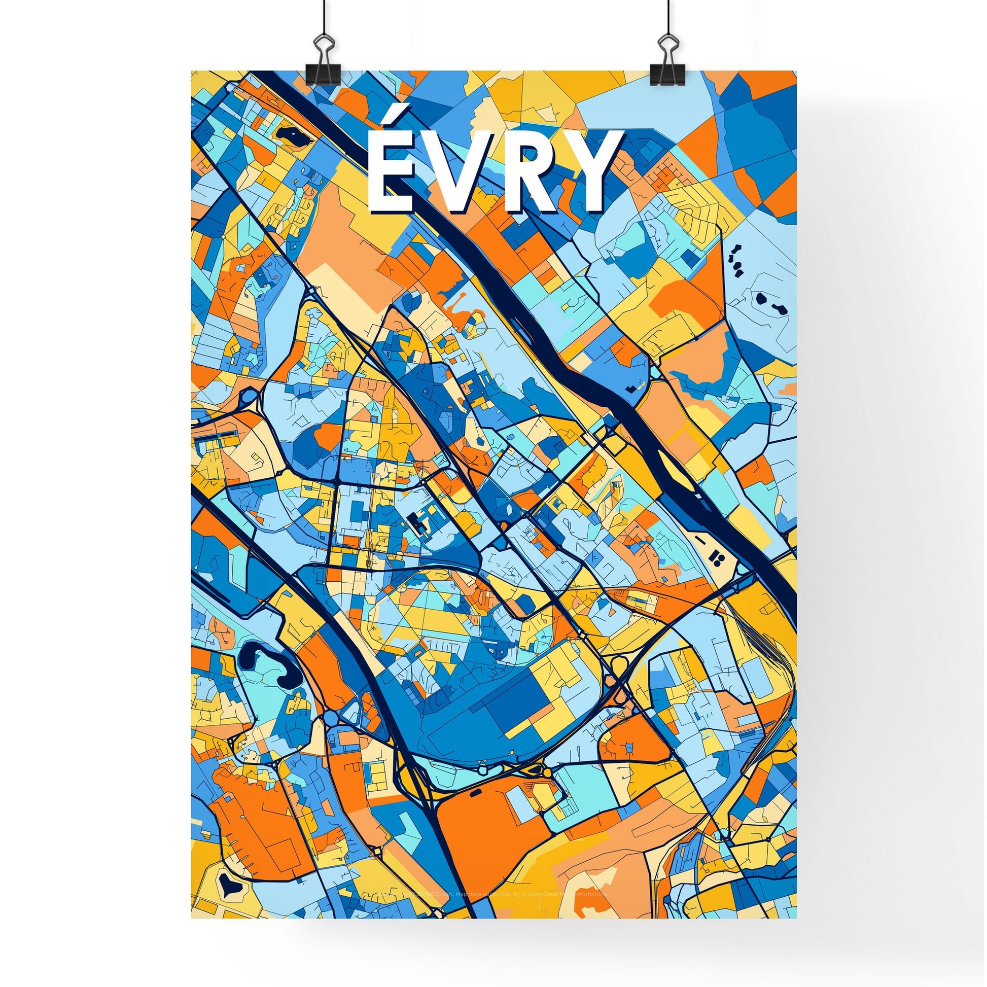 ÉVRY FRANCE Vibrant Colorful Art Map Poster Blue Orange