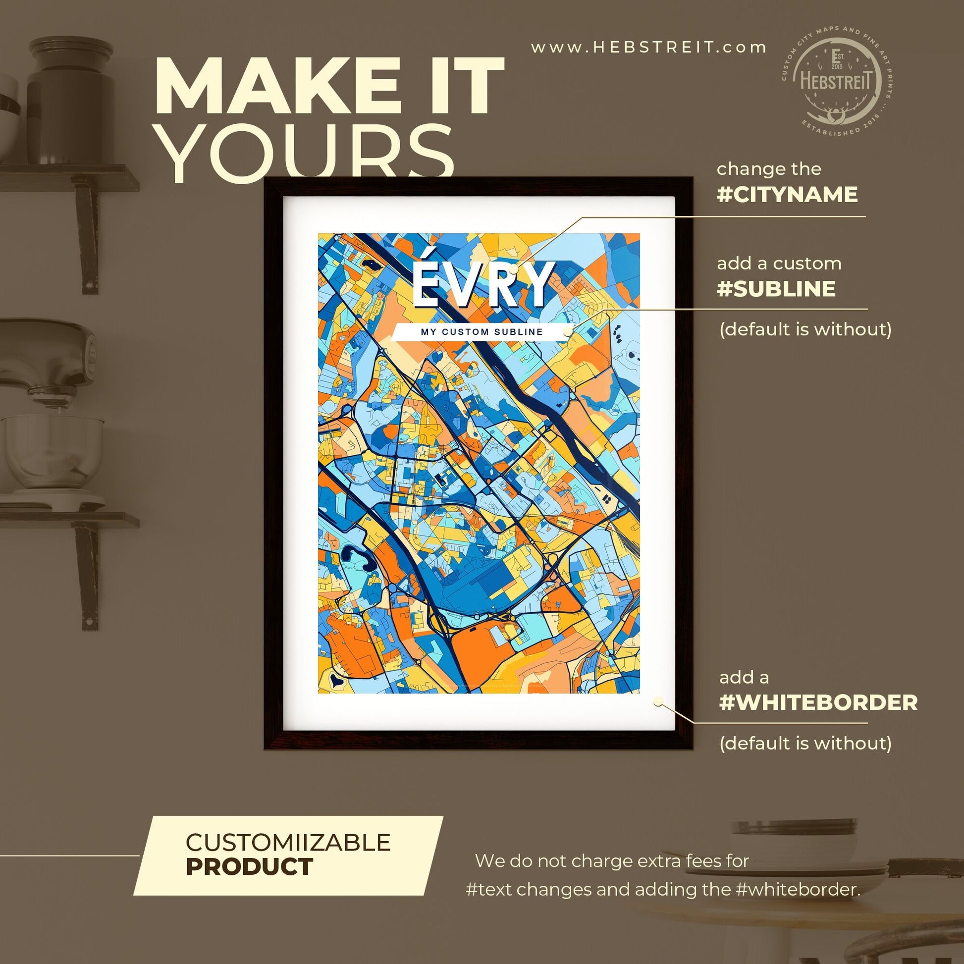 ÉVRY FRANCE Vibrant Colorful Art Map Poster Blue Orange