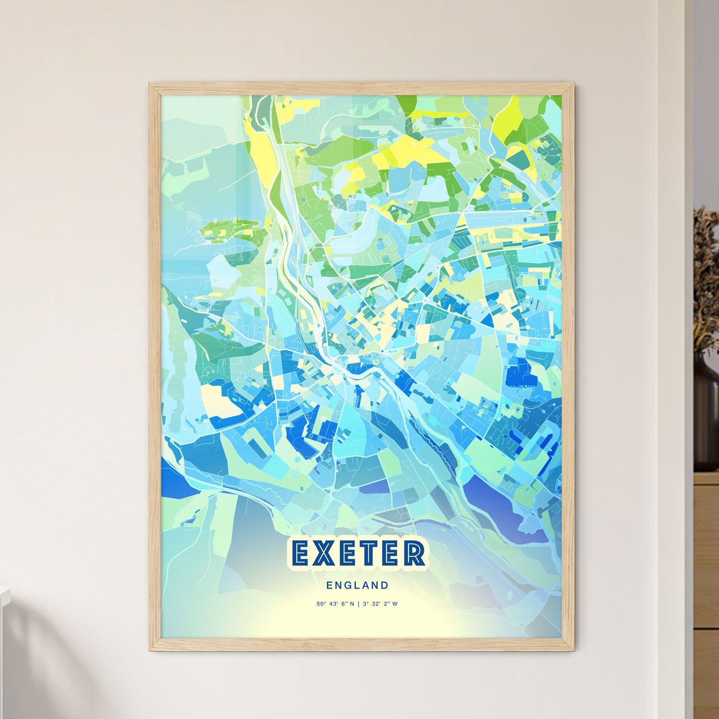 Colorful Exeter England Fine Art Map Cool Blue