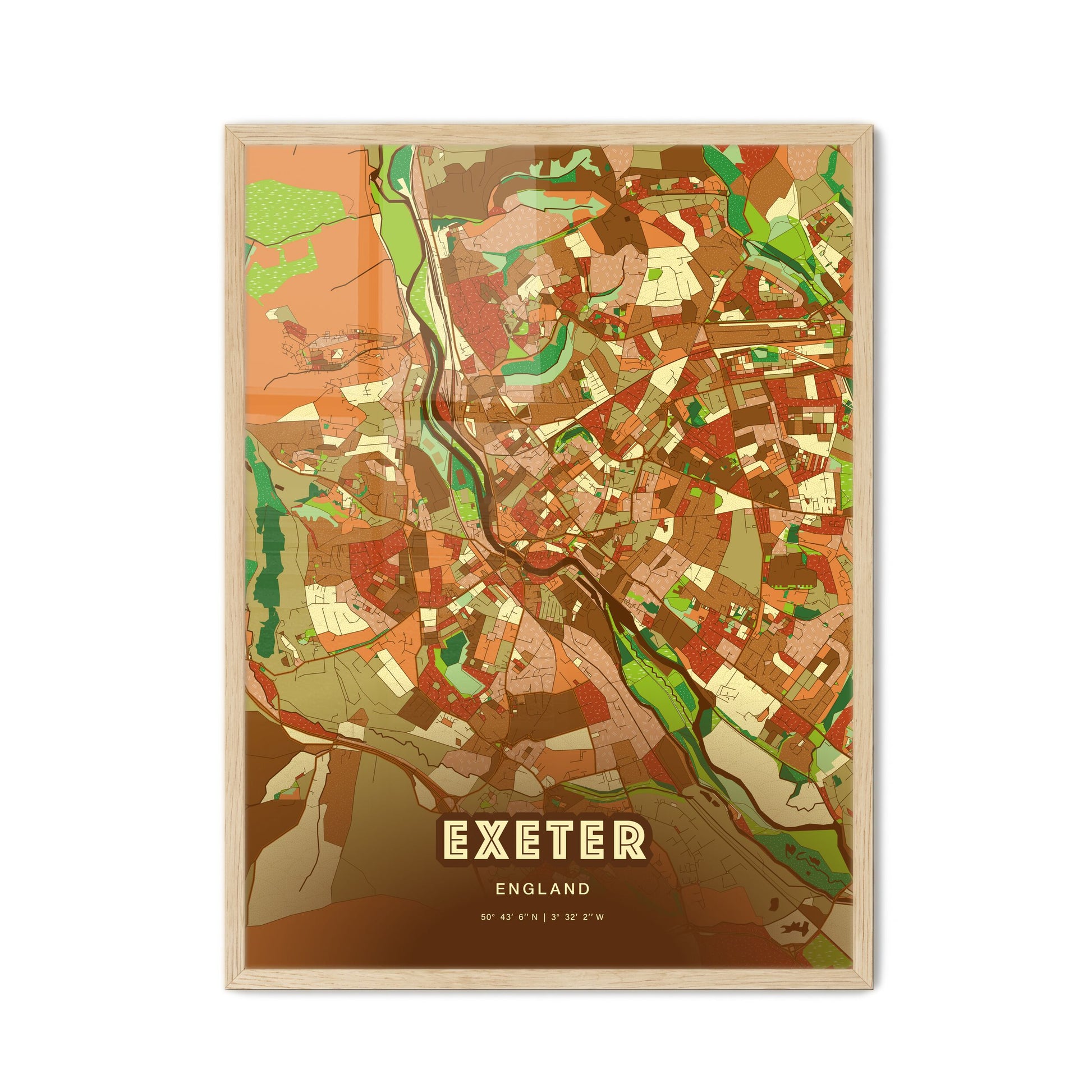 Colorful Exeter England Fine Art Map Farmhouse