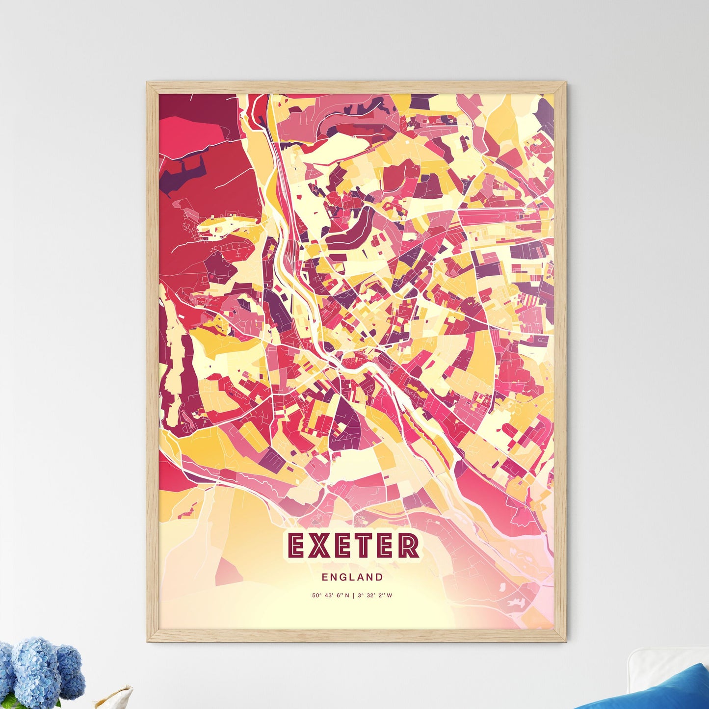 Colorful Exeter England Fine Art Map Hot Red