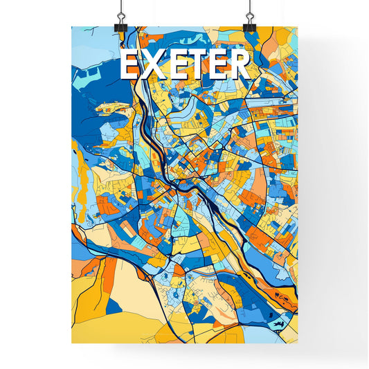EXETER ENGLAND Vibrant Colorful Art Map Poster Blue Orange
