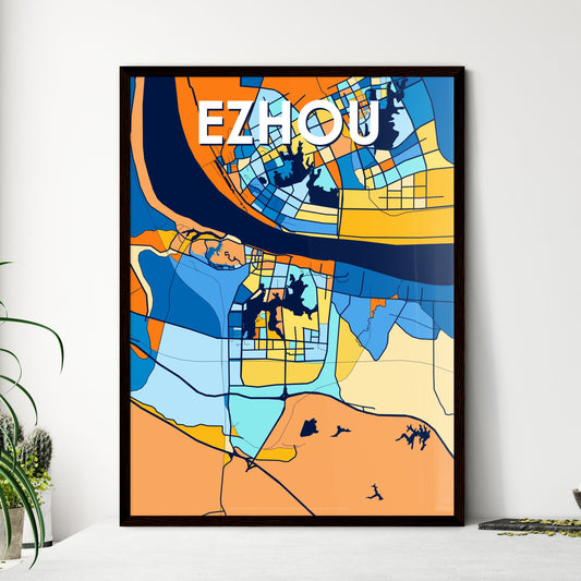 EZHOU CHINA Vibrant Colorful Art Map Poster Blue Orange