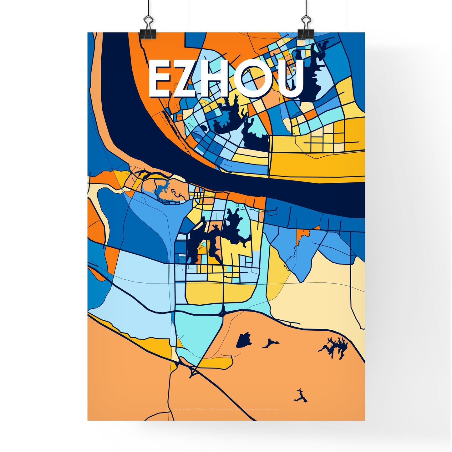 EZHOU CHINA Vibrant Colorful Art Map Poster Blue Orange