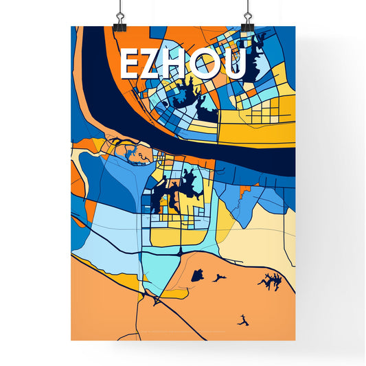 EZHOU CHINA Vibrant Colorful Art Map Poster Blue Orange