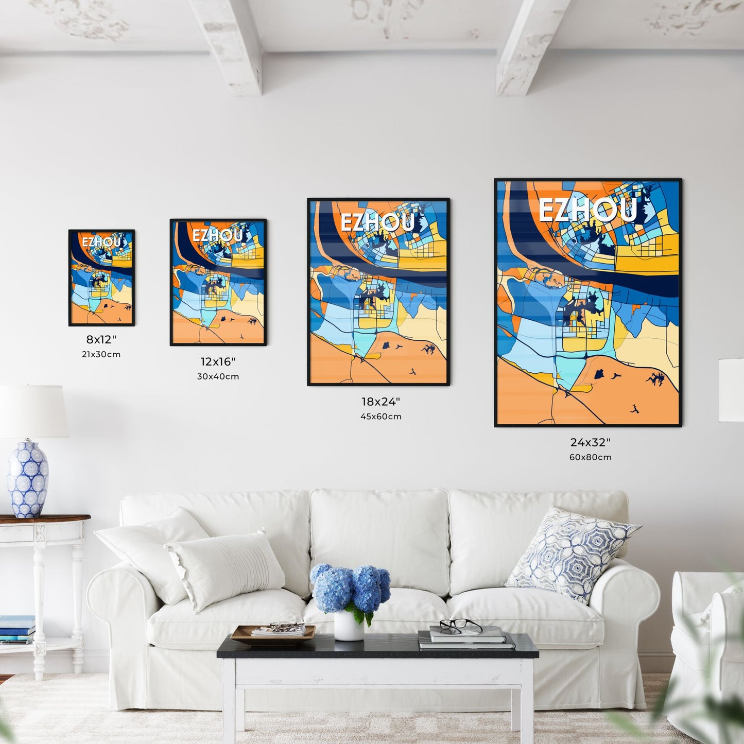 EZHOU CHINA Vibrant Colorful Art Map Poster Blue Orange