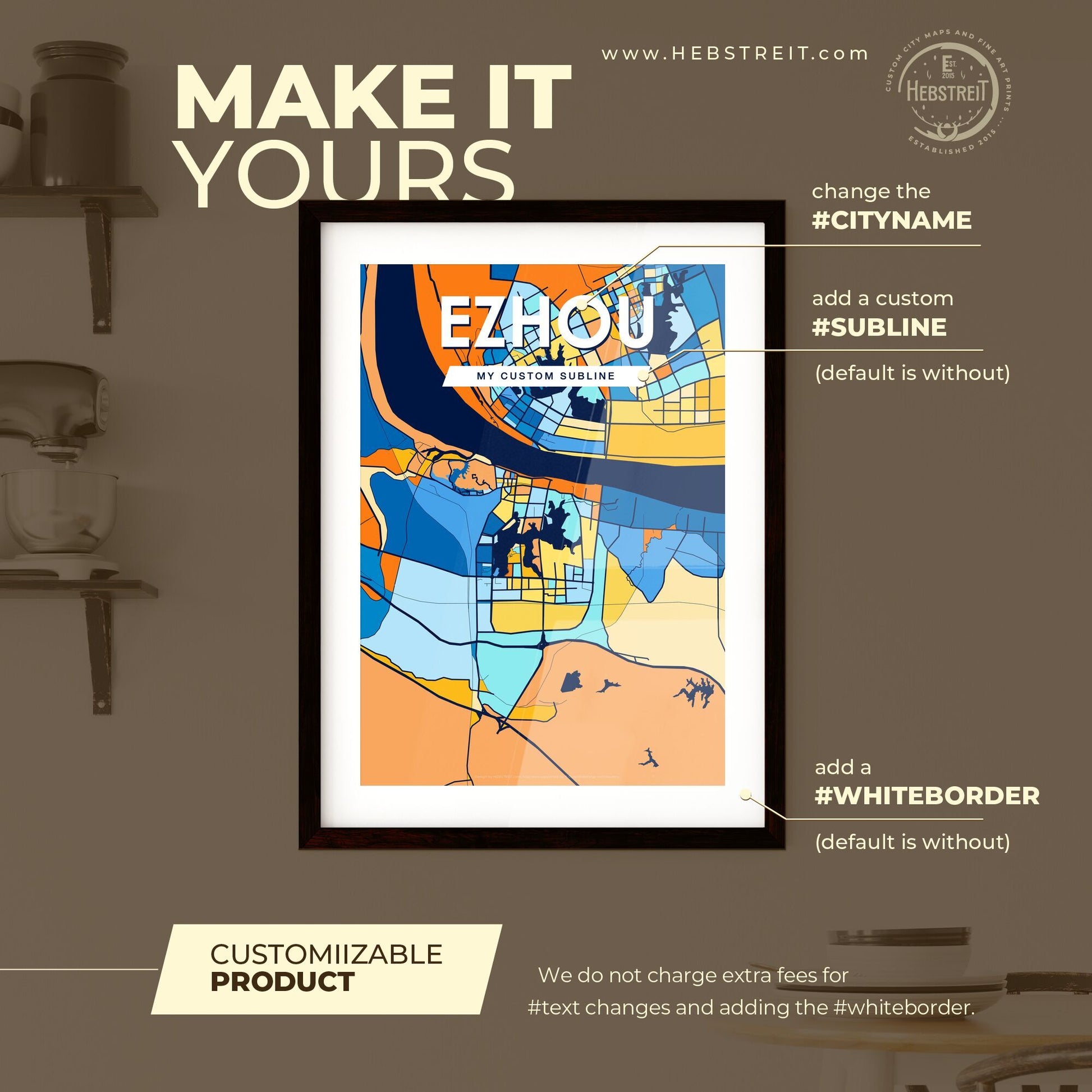 EZHOU CHINA Vibrant Colorful Art Map Poster Blue Orange