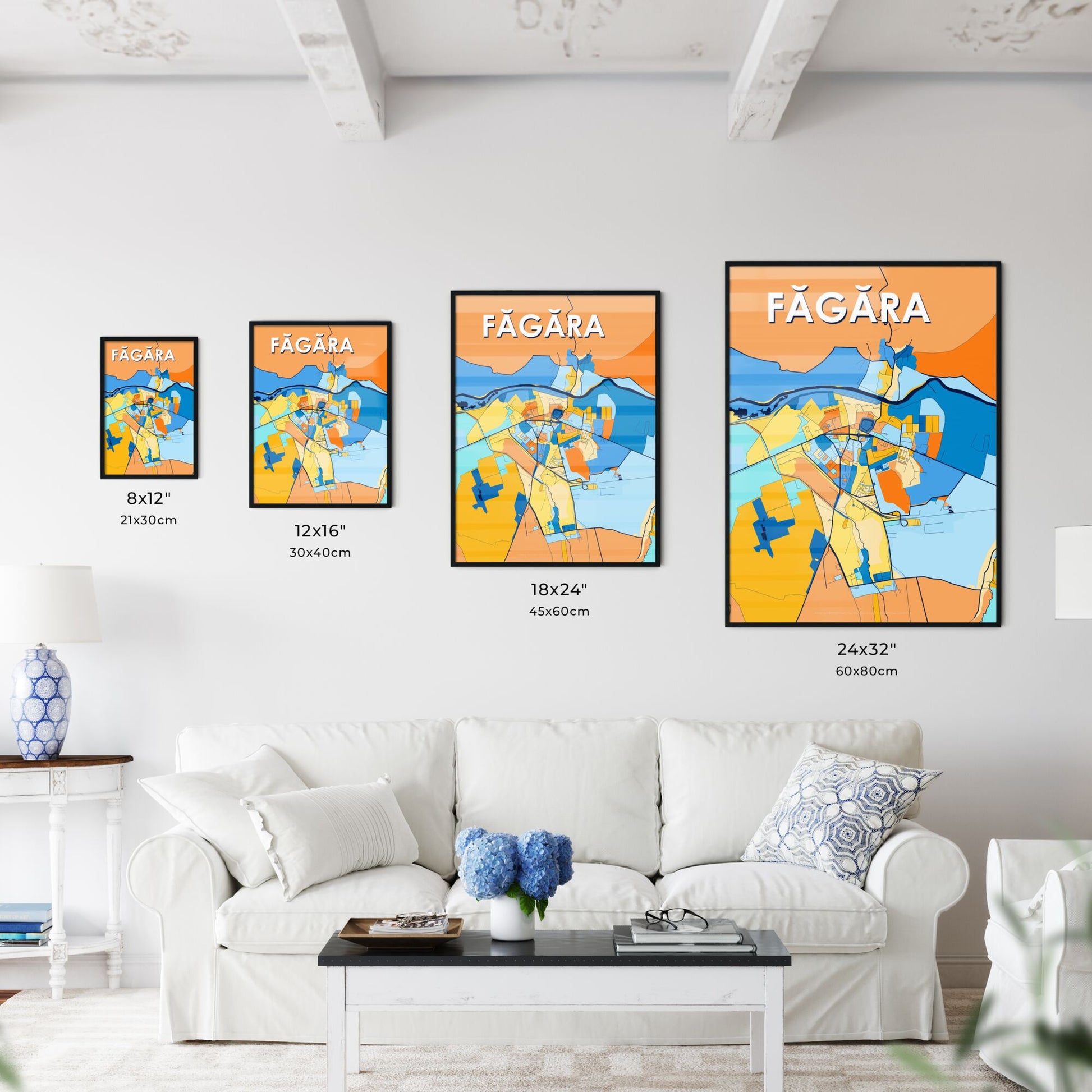 FĂGĂRAȘ ROMANIA Vibrant Colorful Art Map Poster Blue Orange