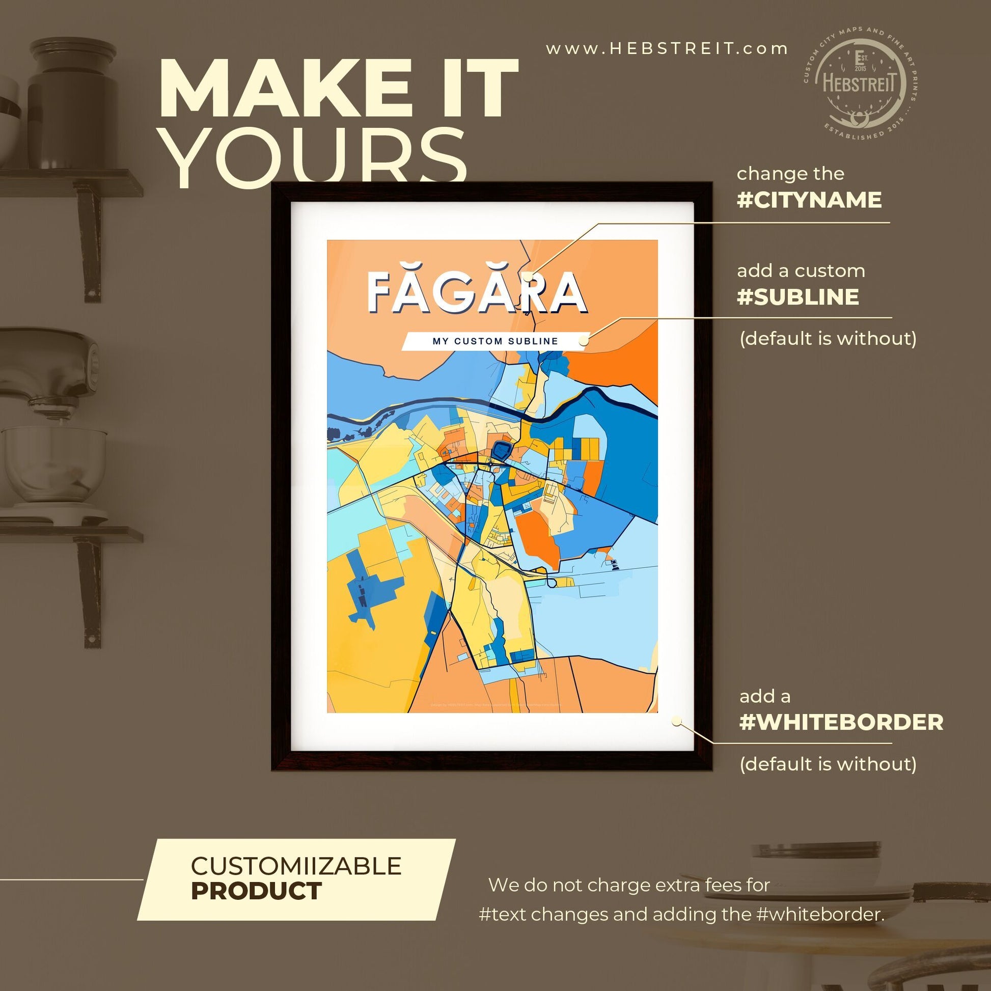 FĂGĂRAȘ ROMANIA Vibrant Colorful Art Map Poster Blue Orange