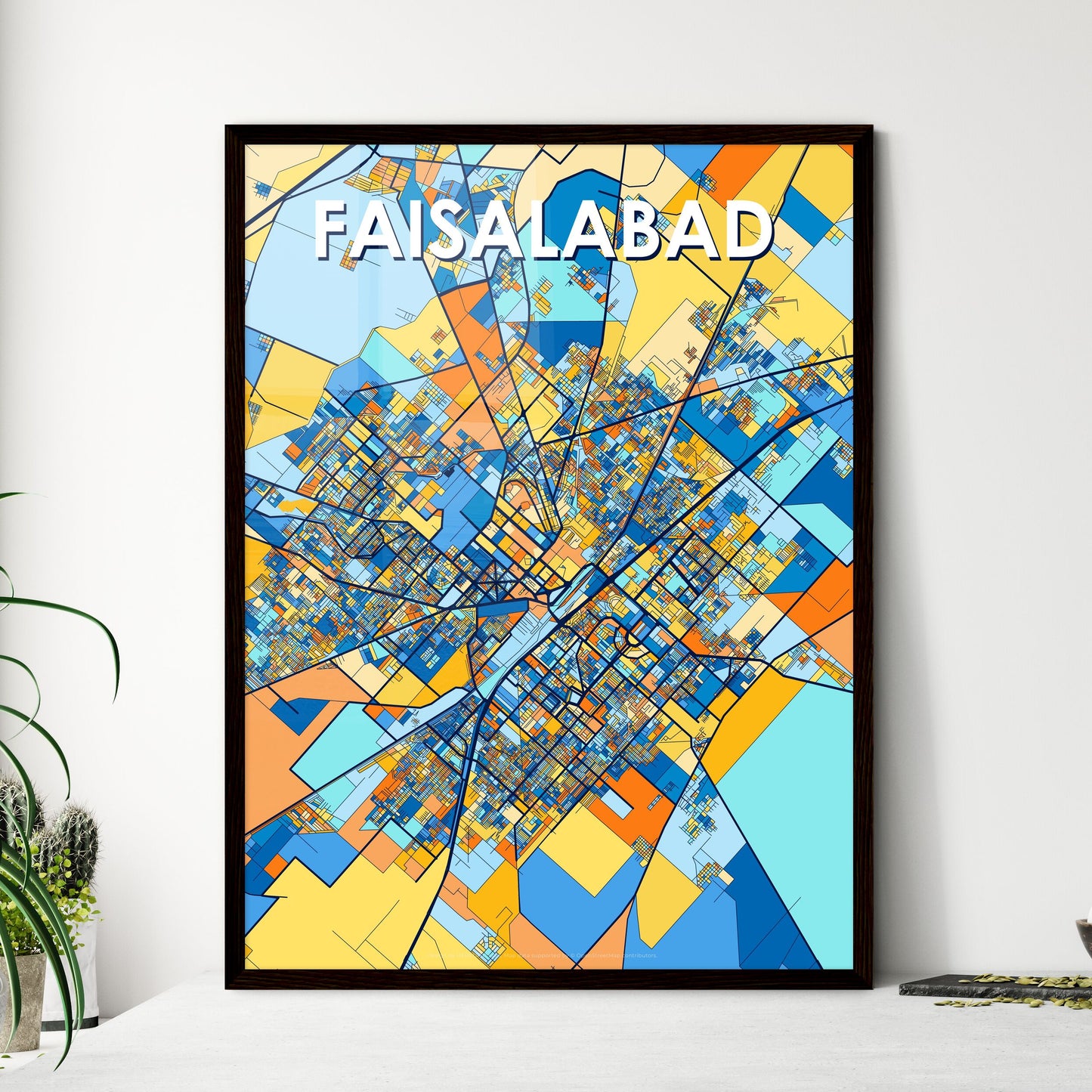 FAISALABAD PAKISTAN Vibrant Colorful Art Map Poster Blue Orange