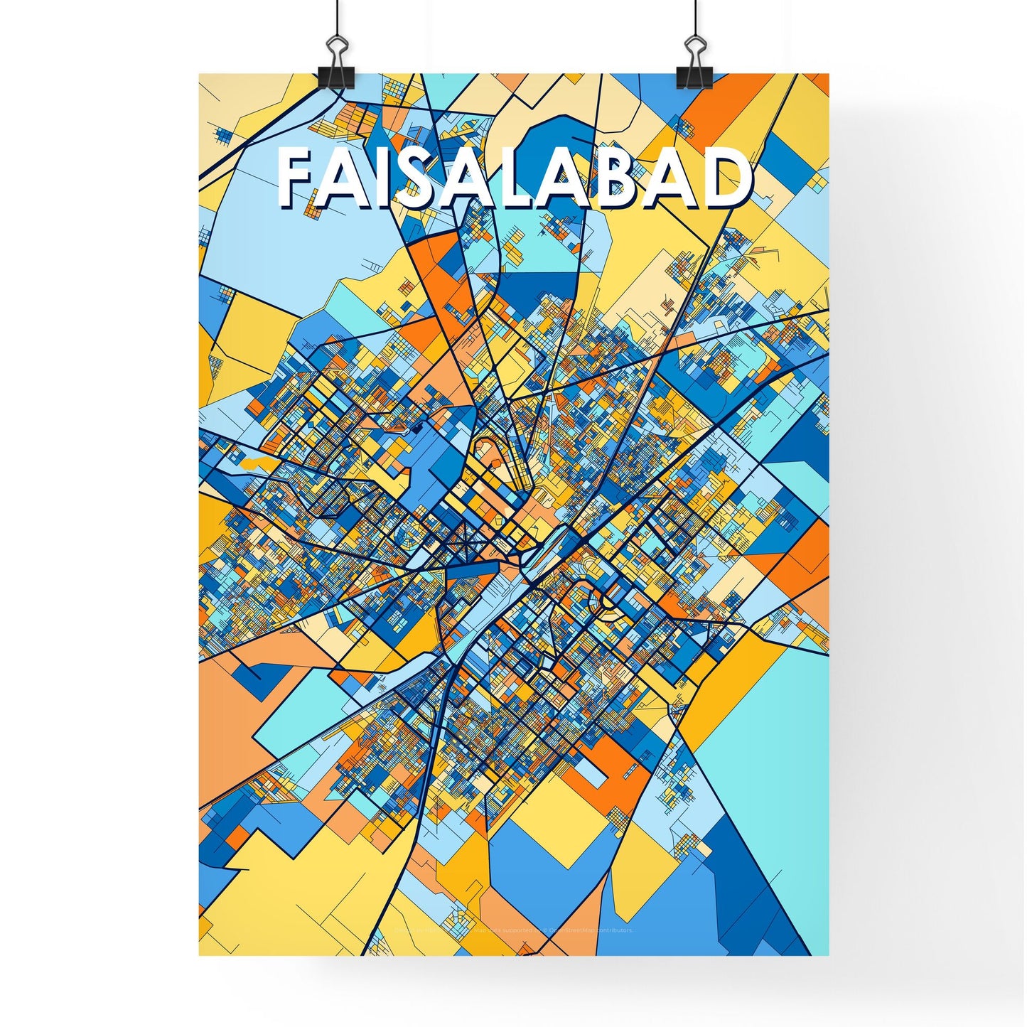FAISALABAD PAKISTAN Vibrant Colorful Art Map Poster Blue Orange