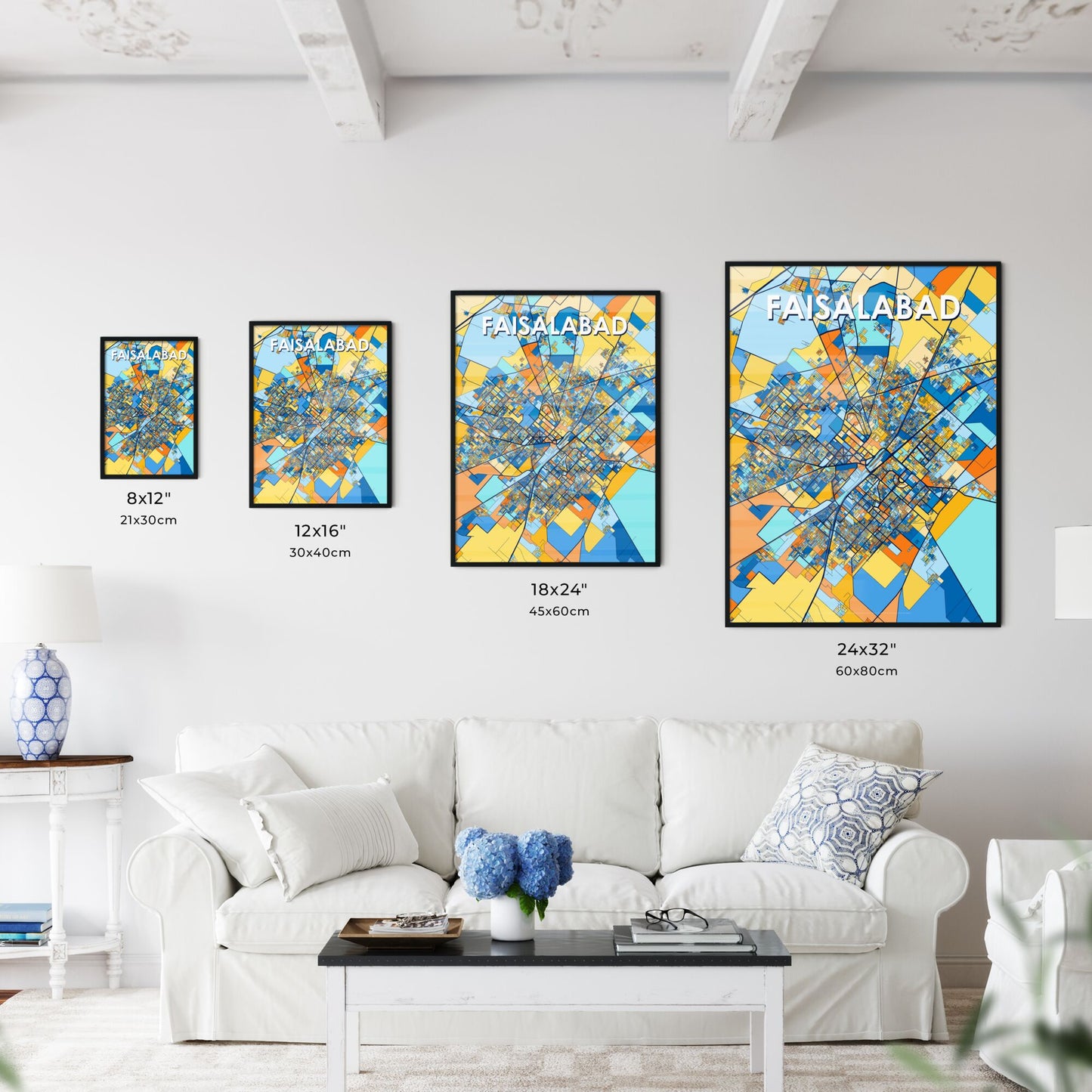 FAISALABAD PAKISTAN Vibrant Colorful Art Map Poster Blue Orange