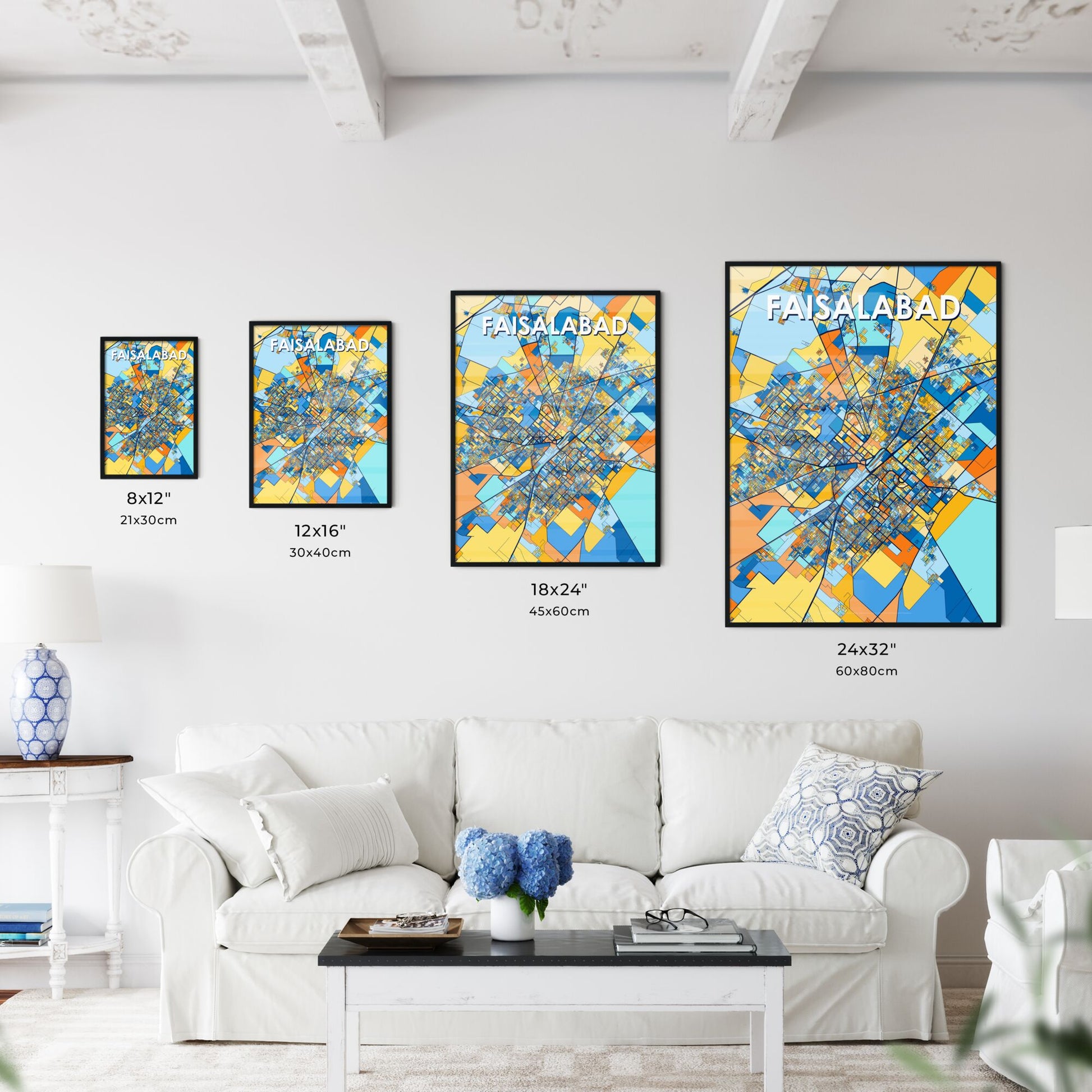 FAISALABAD PAKISTAN Vibrant Colorful Art Map Poster Blue Orange