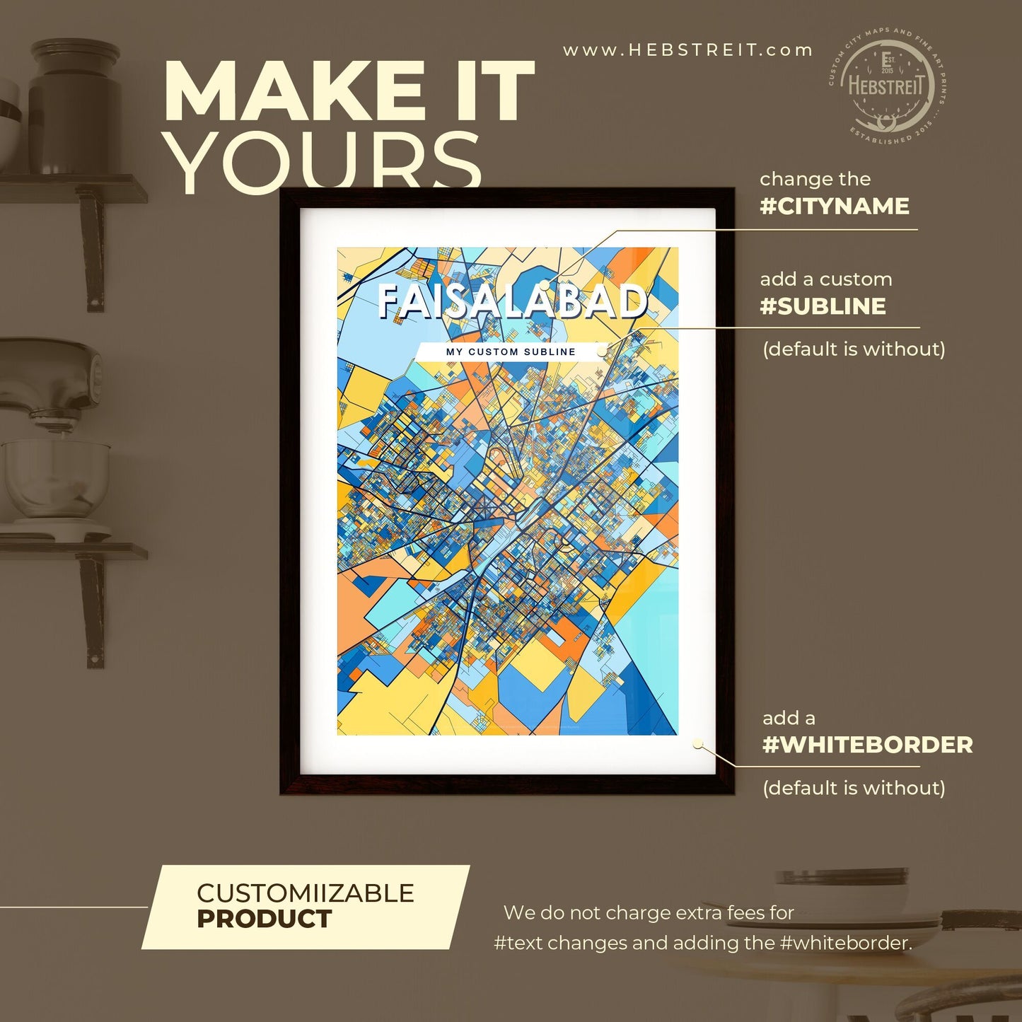 FAISALABAD PAKISTAN Vibrant Colorful Art Map Poster Blue Orange