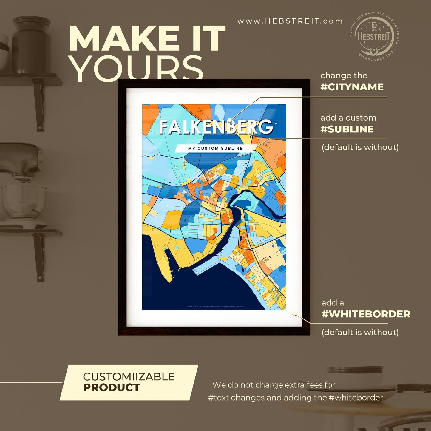 FALKENBERG SWEDEN Vibrant Colorful Art Map Poster Blue Orange