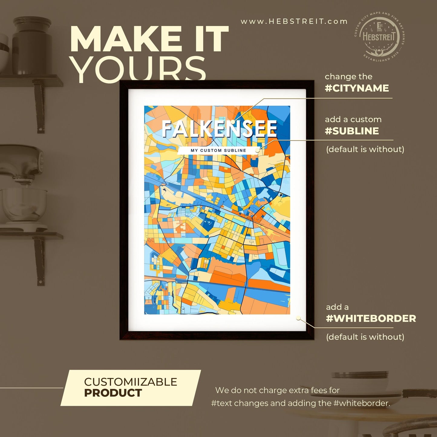 FALKENSEE GERMANY Vibrant Colorful Art Map Poster Blue Orange