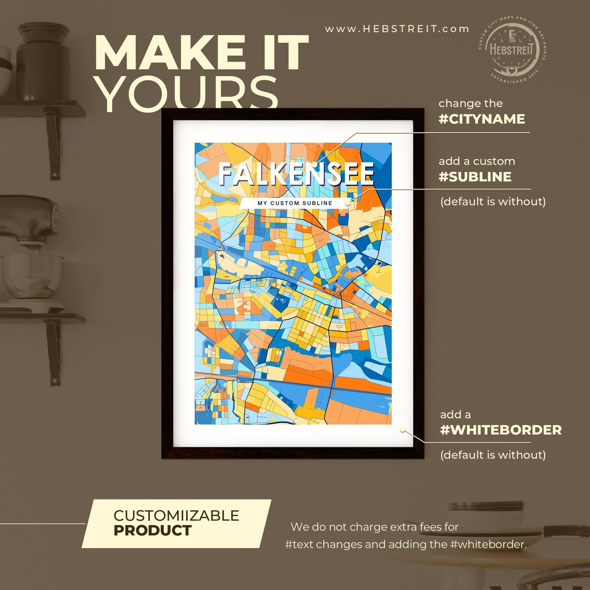 FALKENSEE GERMANY Vibrant Colorful Art Map Poster Blue Orange