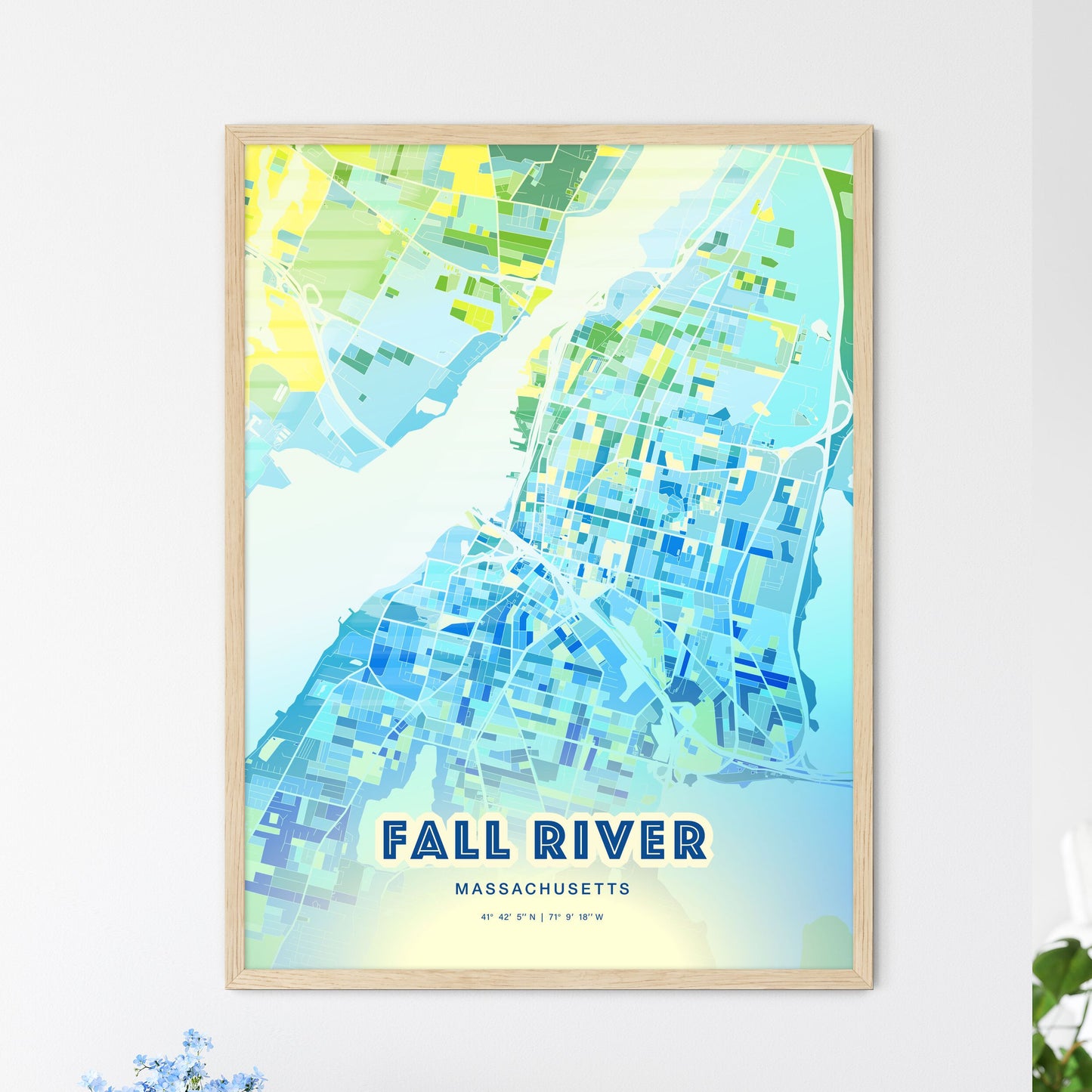 Colorful Fall River Massachusetts Fine Art Map Cool Blue