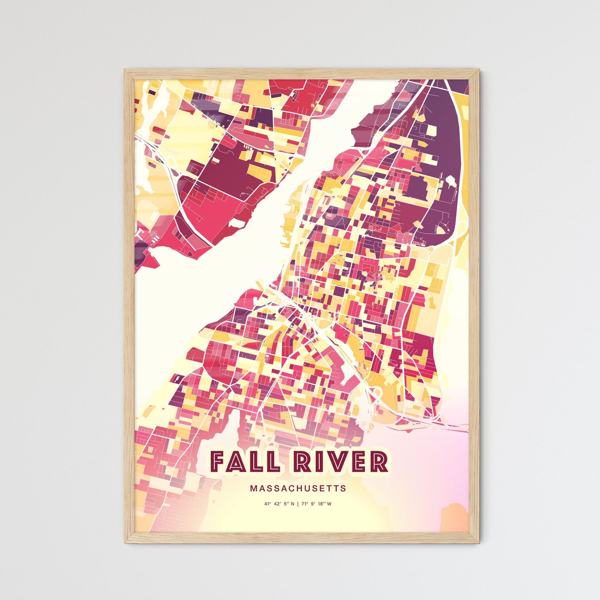Colorful Fall River Massachusetts Fine Art Map Hot Red