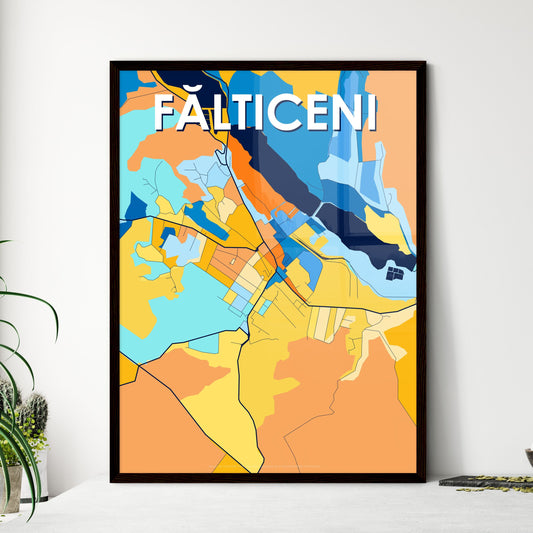 FĂLTICENI ROMANIA Vibrant Colorful Art Map Poster Blue Orange