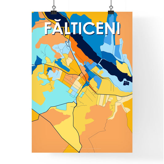 FĂLTICENI ROMANIA Vibrant Colorful Art Map Poster Blue Orange