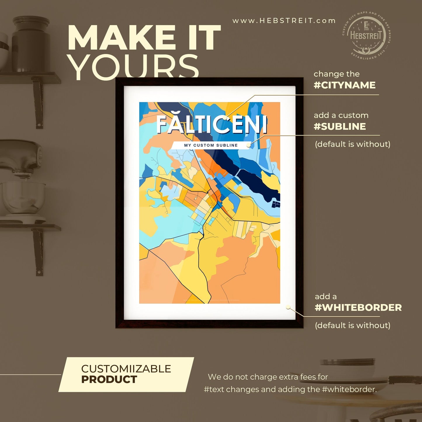 FĂLTICENI ROMANIA Vibrant Colorful Art Map Poster Blue Orange