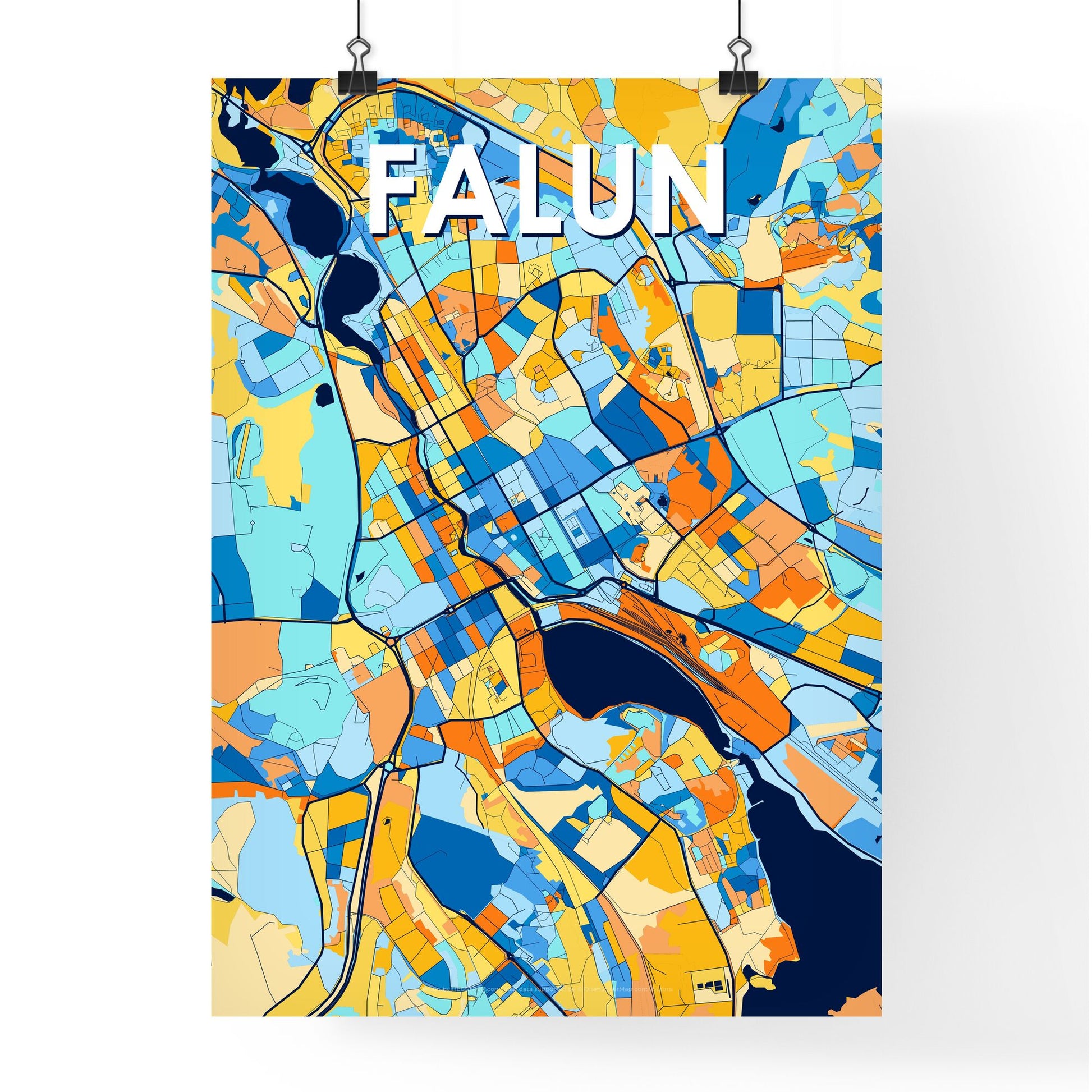 FALUN SWEDEN Vibrant Colorful Art Map Poster Blue Orange