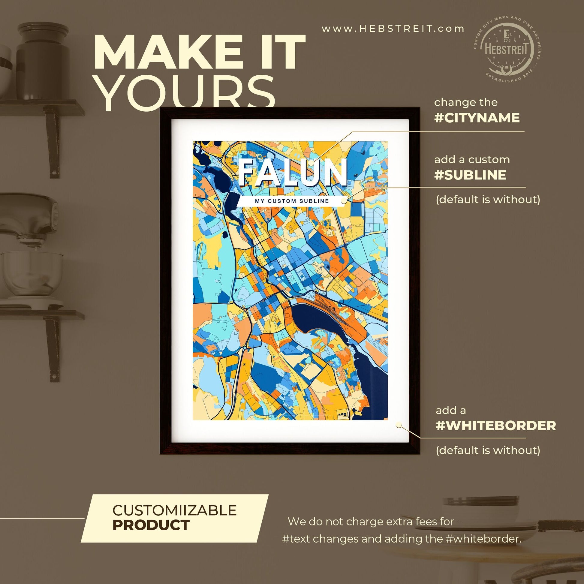 FALUN SWEDEN Vibrant Colorful Art Map Poster Blue Orange