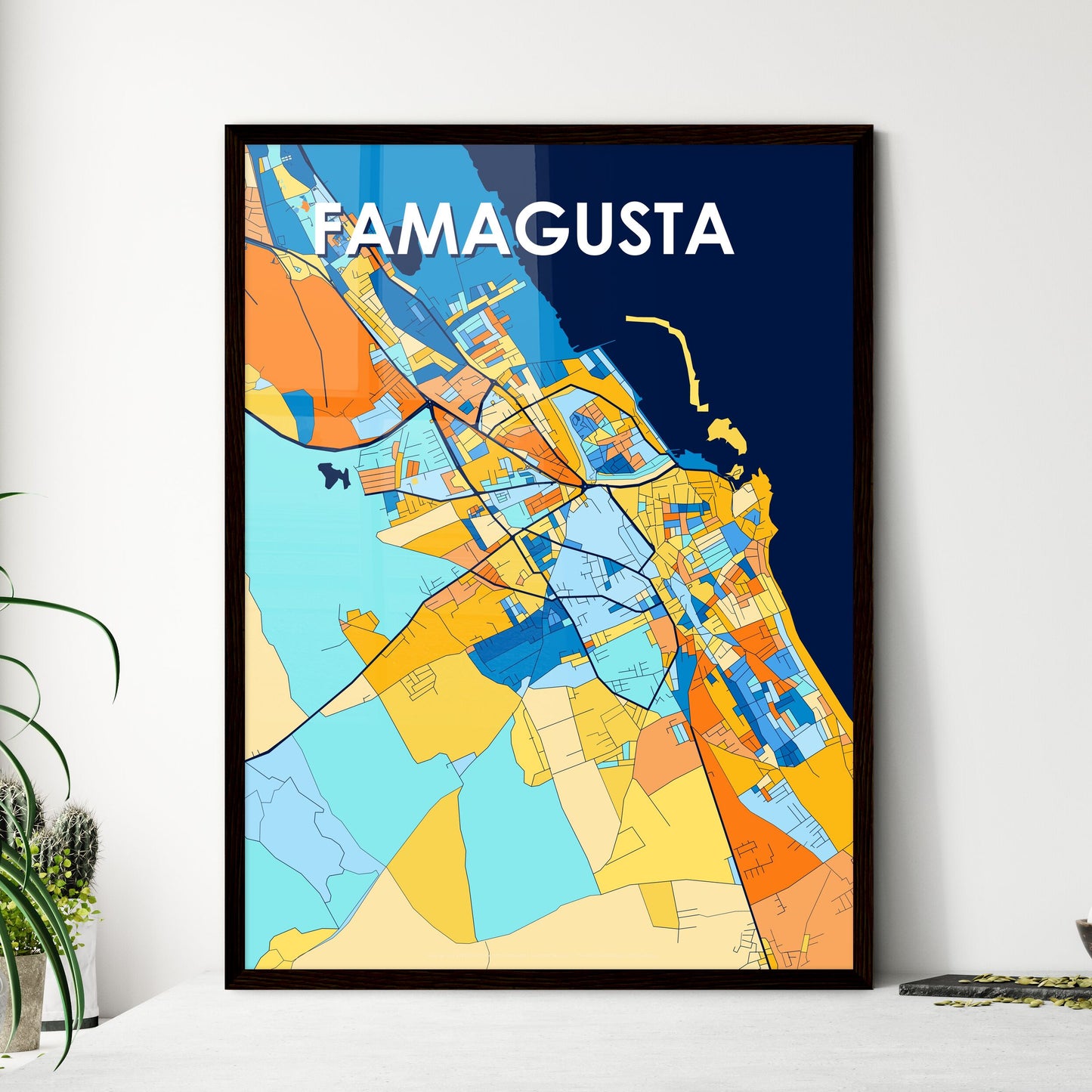 FAMAGUSTA CYPRUS Vibrant Colorful Art Map Poster Blue Orange