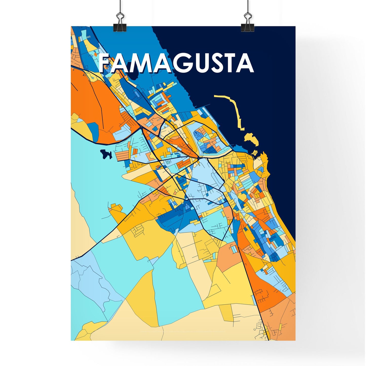 FAMAGUSTA CYPRUS Vibrant Colorful Art Map Poster Blue Orange