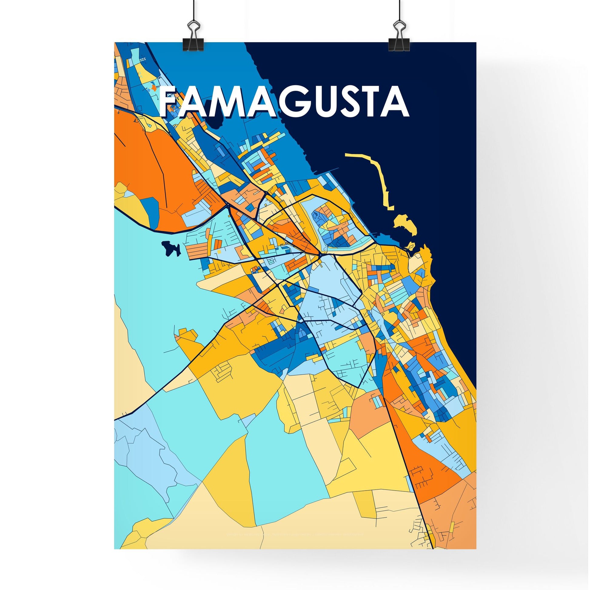 FAMAGUSTA CYPRUS Vibrant Colorful Art Map Poster Blue Orange