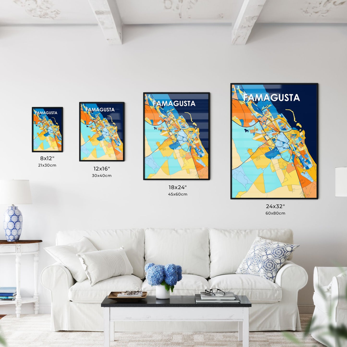 FAMAGUSTA CYPRUS Vibrant Colorful Art Map Poster Blue Orange